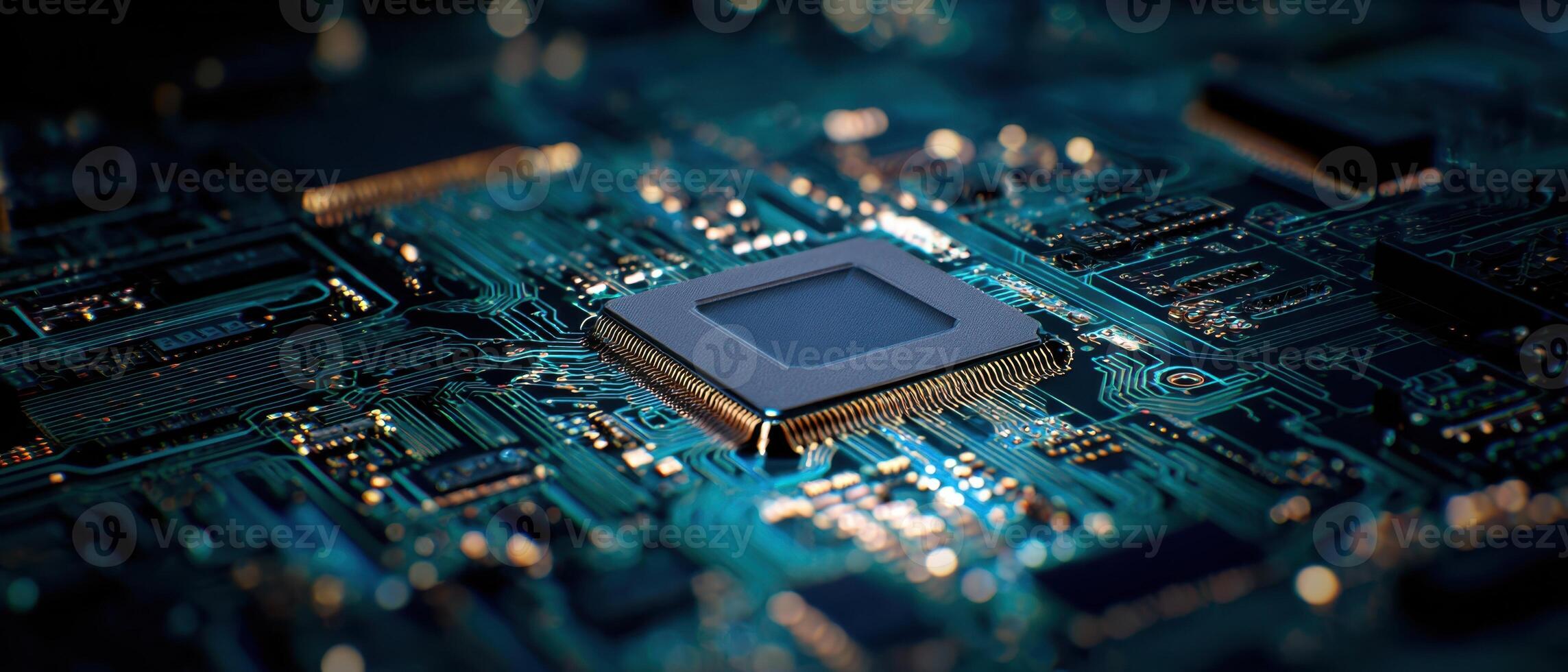 The intricate design of a microchip on a glowing circuit board. photo