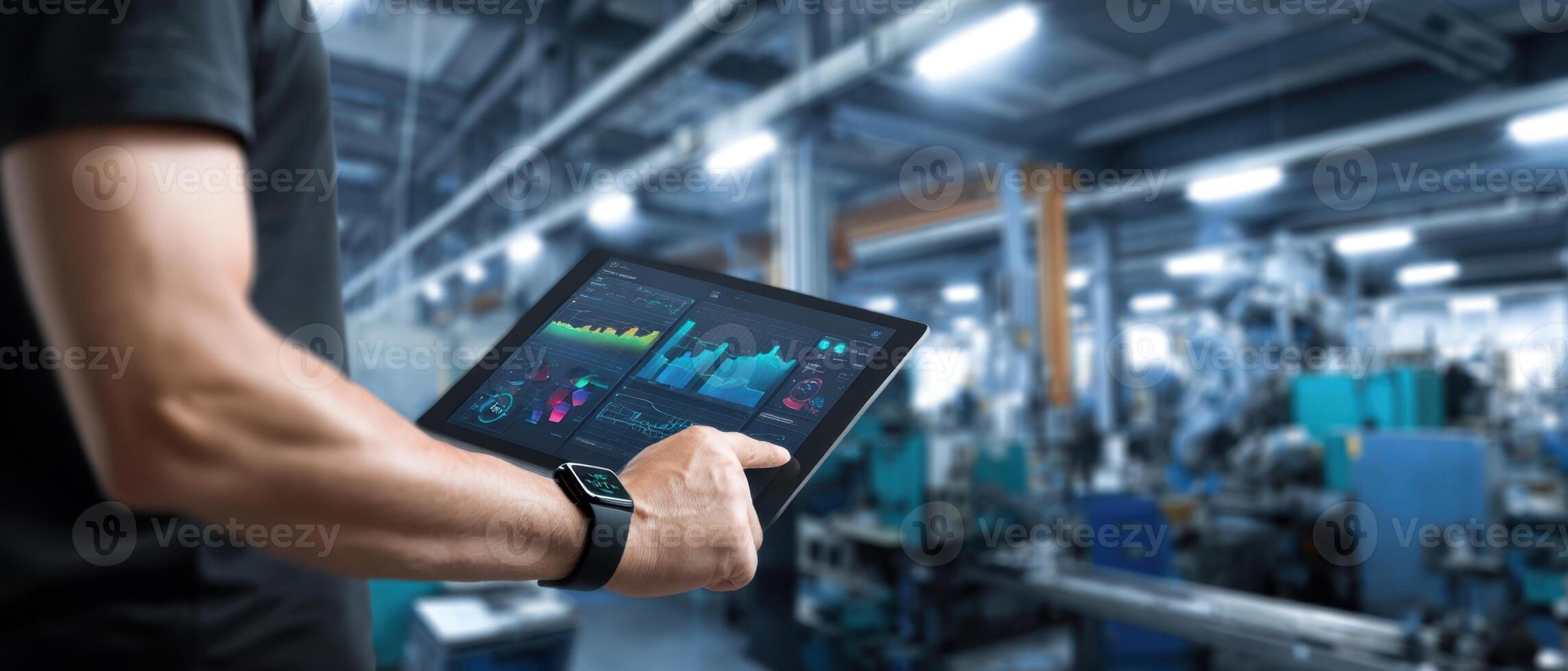 The tablet displaying real-time data in a modern industrial environment. photo