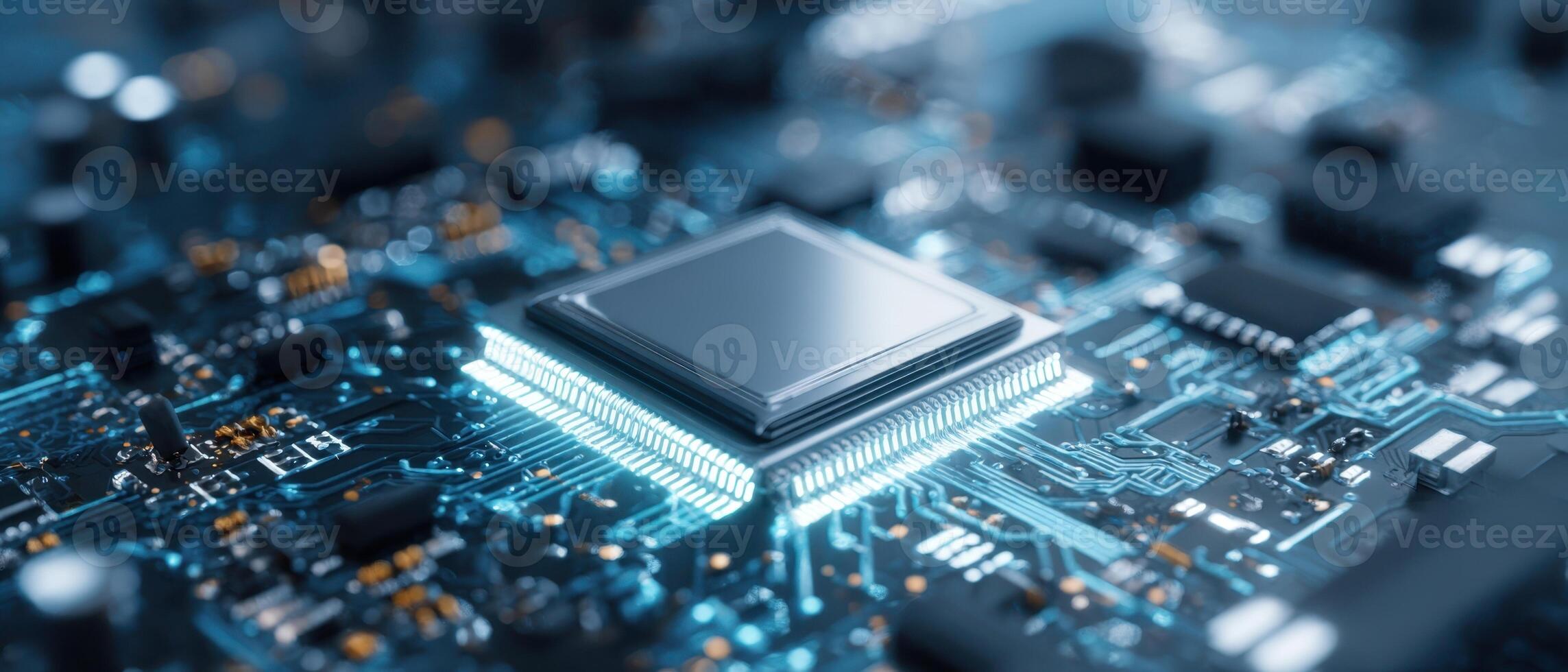 The intricate microchip on a high-tech circuit board with glowing components. photo