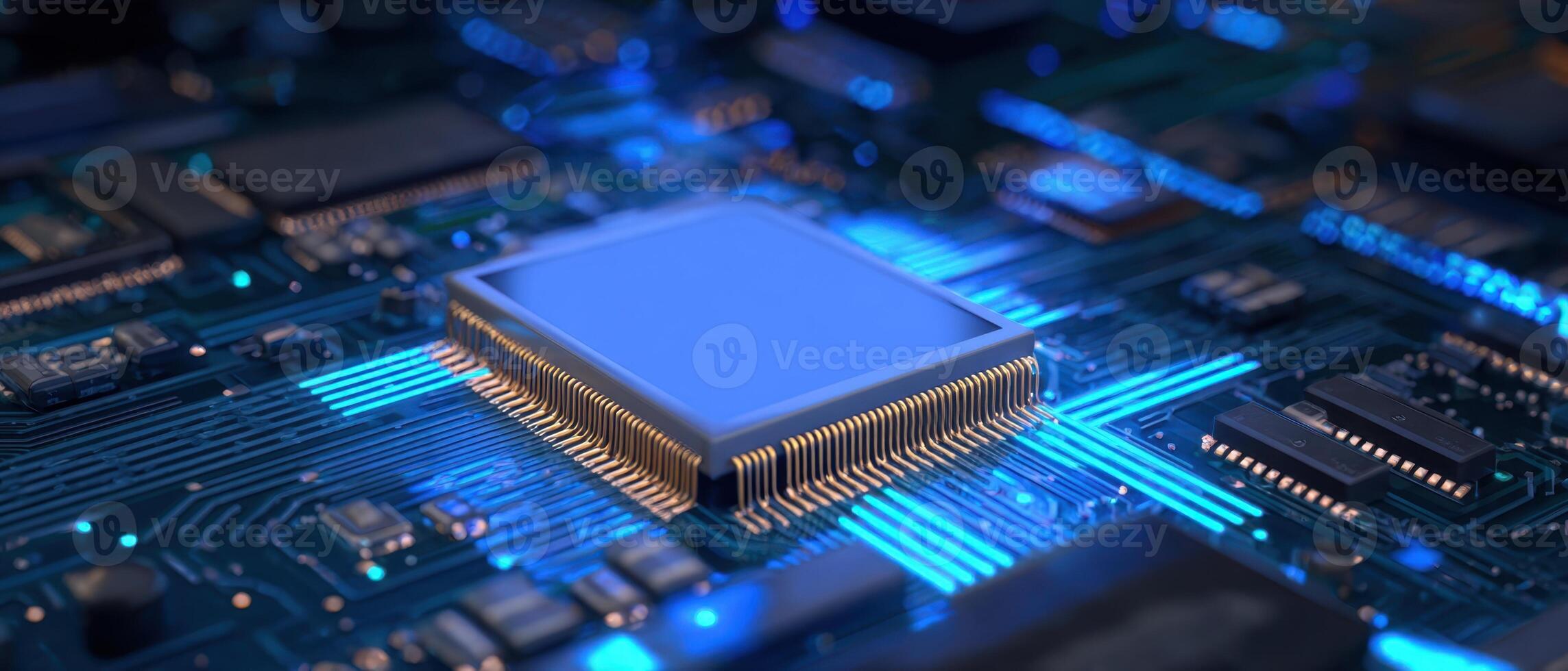 The microprocessor on a modern circuit board illuminated with blue light. photo