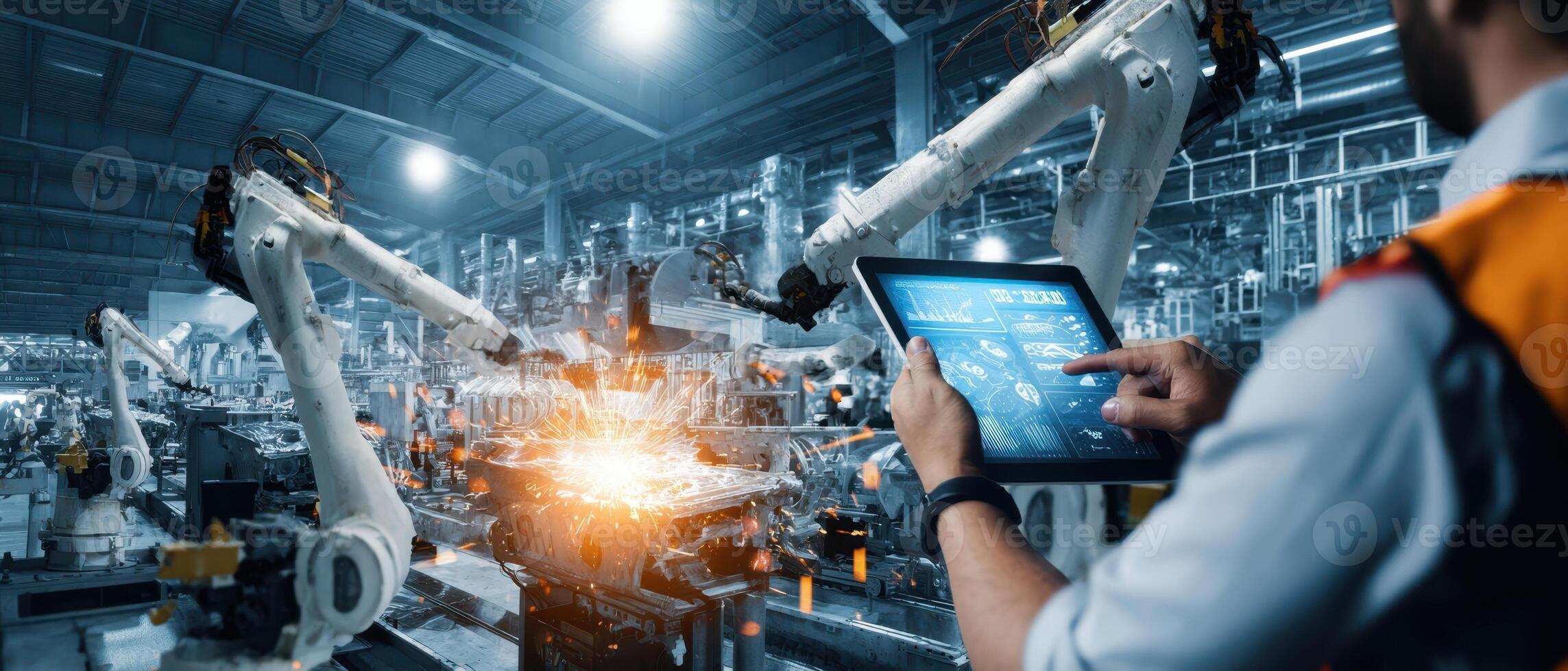 The Automation Revolution in an Advanced Manufacturing Facility with Robots and Worker Interaction. photo