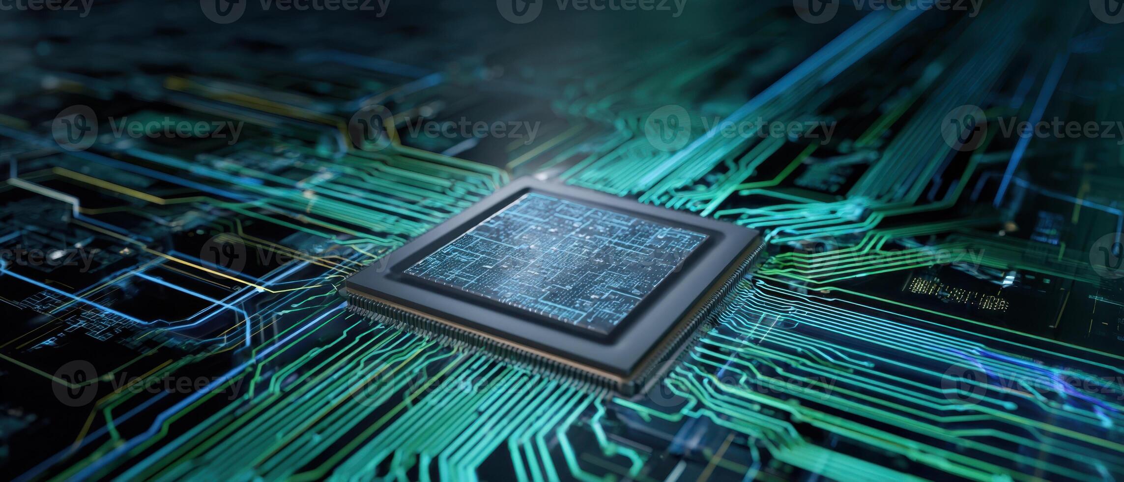 The Microchip on a Circuit Board with Glowing Connections and Patterns photo