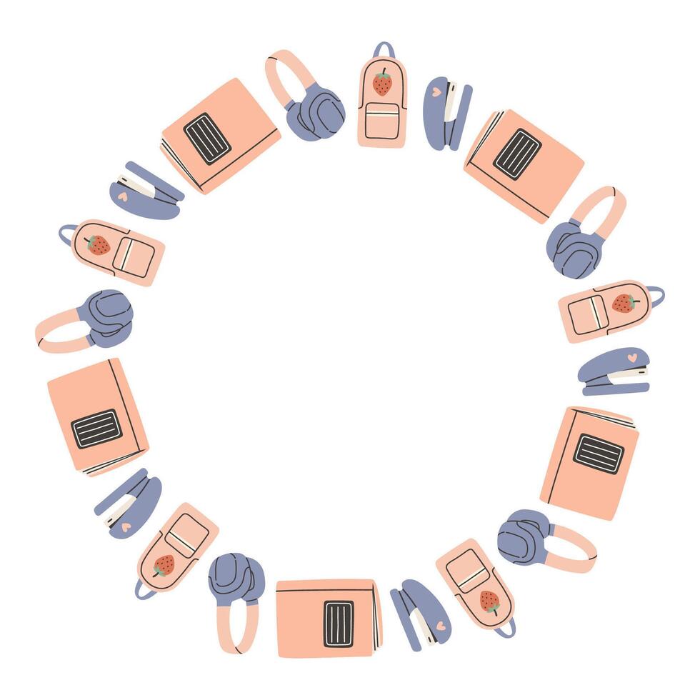 Simple blue pink school circle frame. Round school themed border made of different school objects. Soft pastel colors back to school hand drawn banner isolated on white background. vector