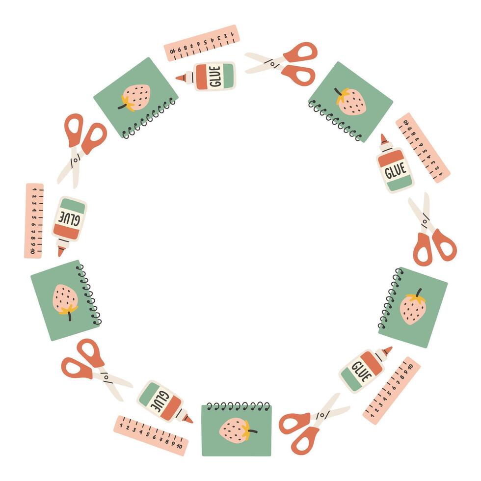 Simple green red school circle frame. Round school themed border made of different school objects. Soft pastel colors back to school hand drawn banner isolated on white background. vector