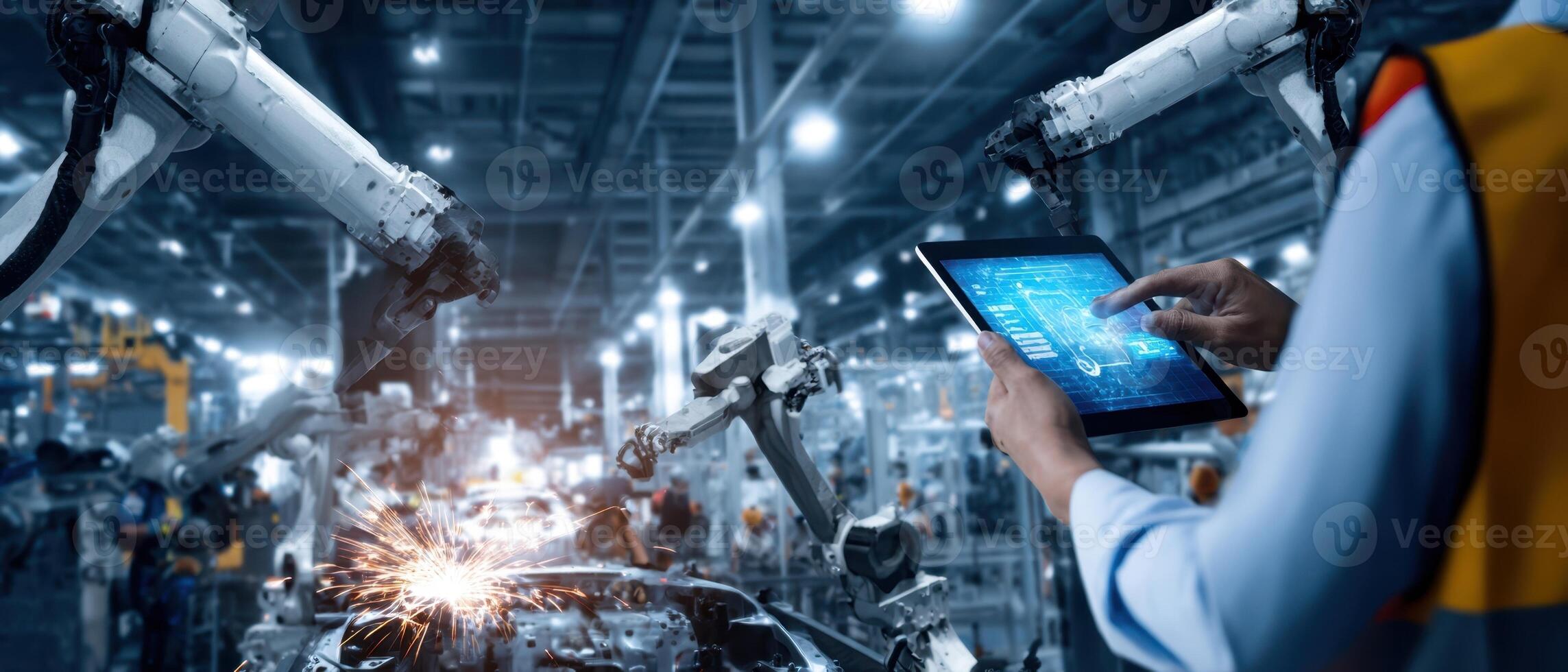 The advanced robotics in a modern manufacturing facility with a worker using technology photo