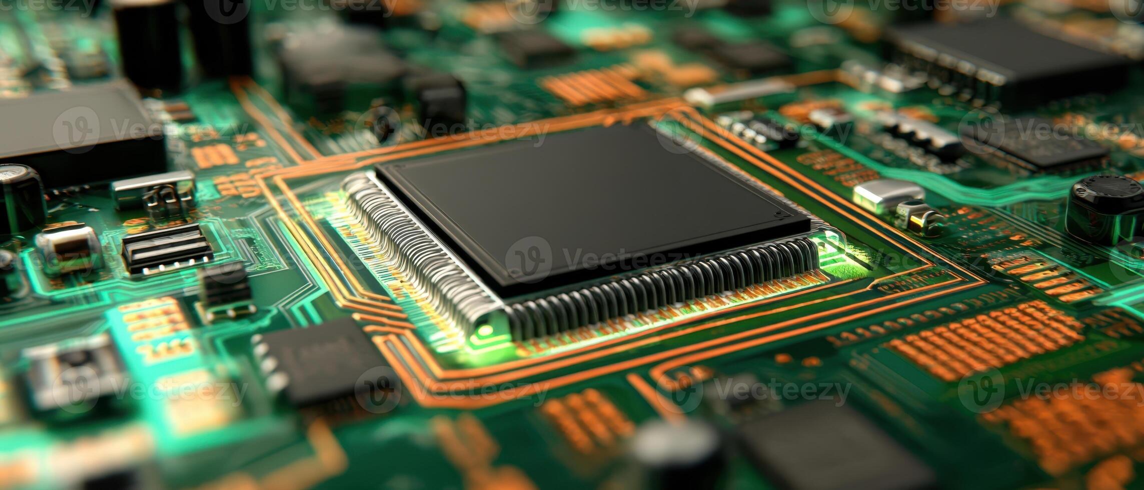 The vibrant microchip on a detailed circuit board showcasing advanced technology. photo