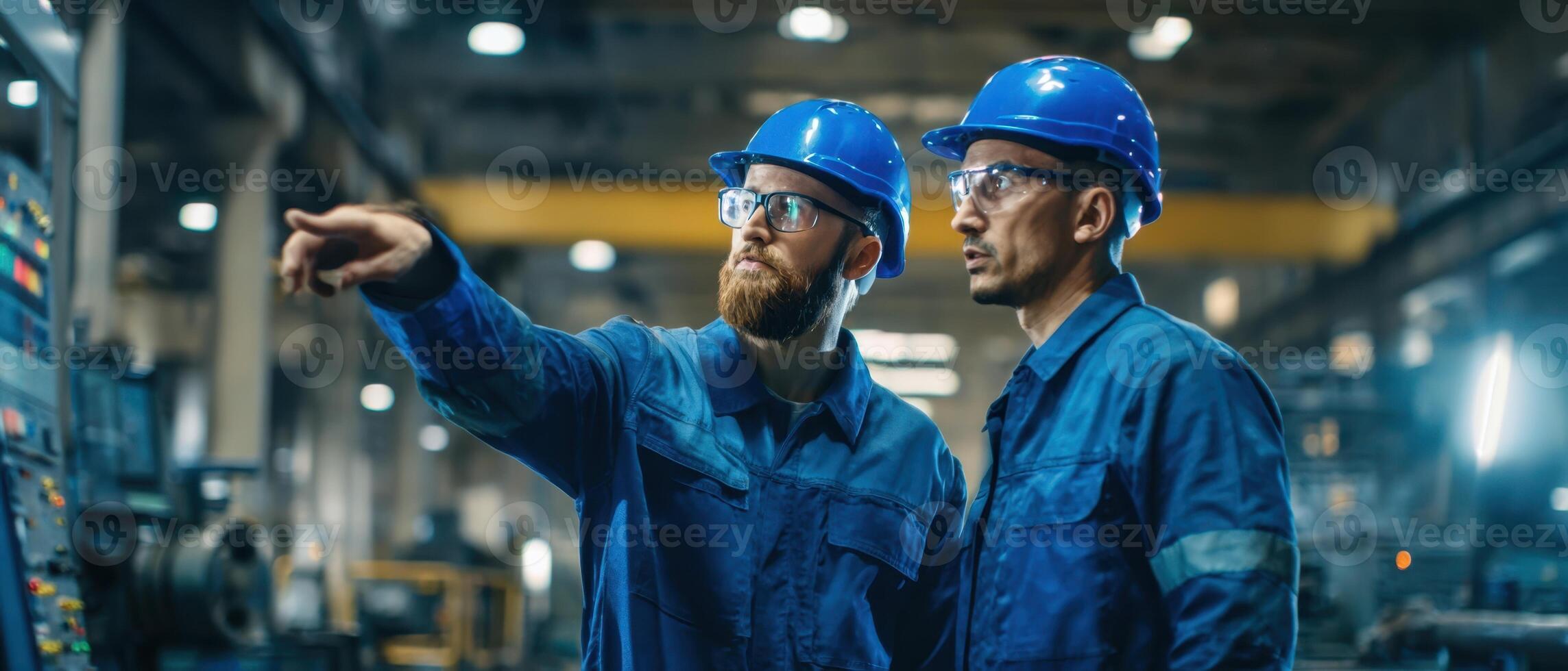 The engineers discussing operations in a high-tech industrial environment. photo