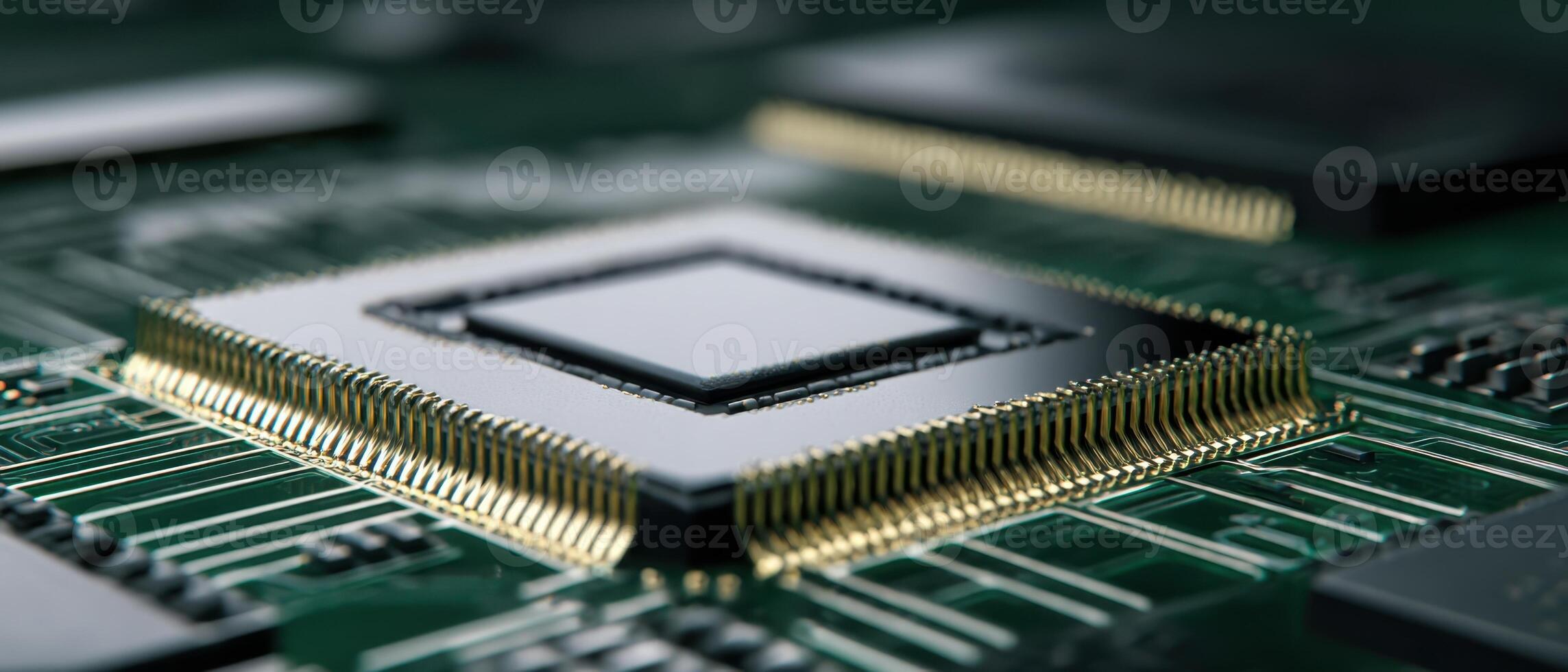 The intricate design of a microchip on a green circuit board. photo