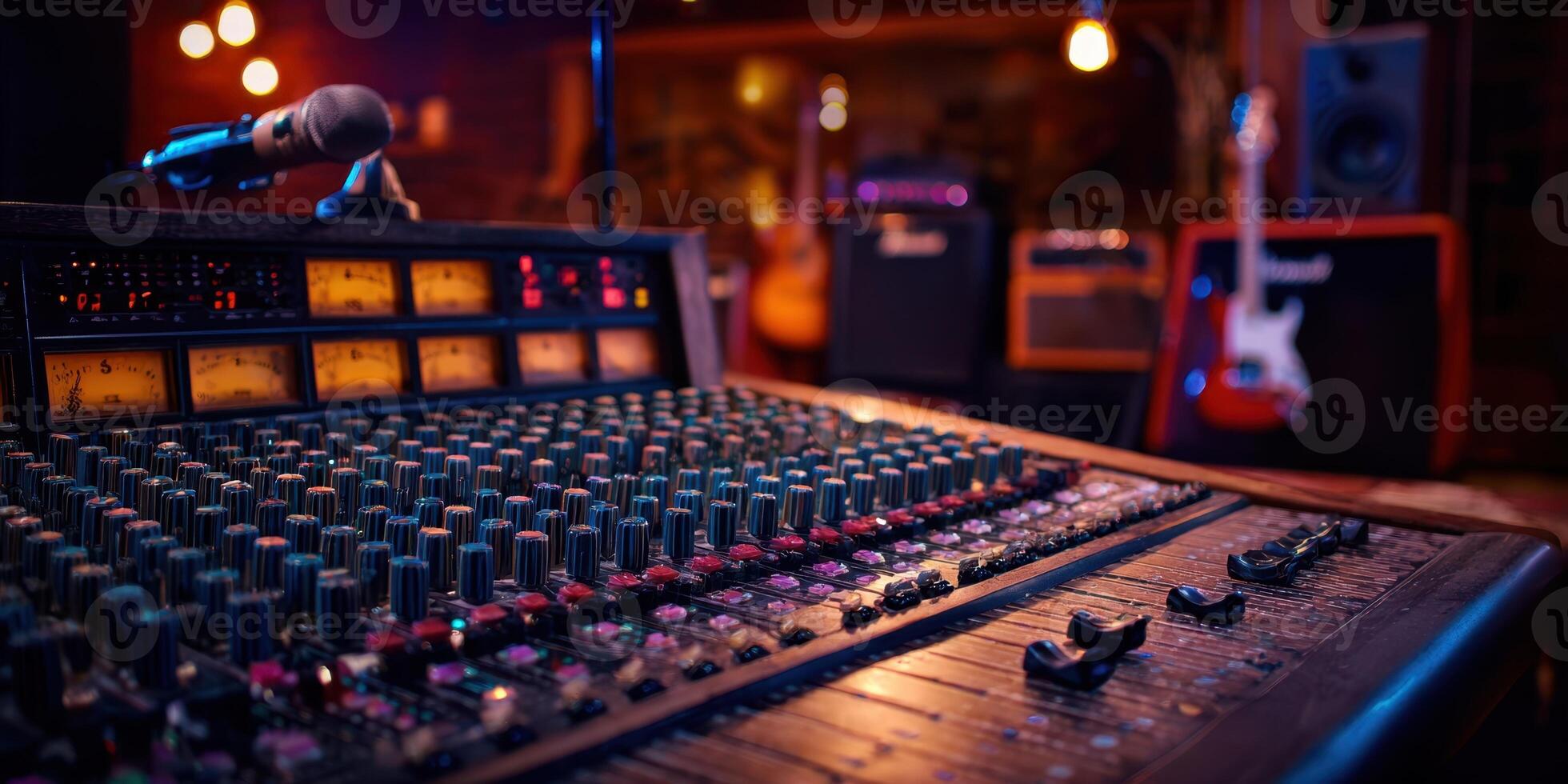 The vintage sound mixer and instruments in a lively music studio setting. photo