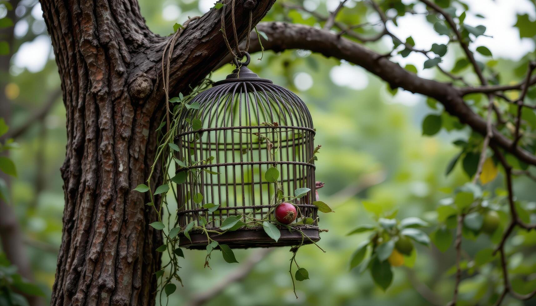 an empty birdcage wrapped tightly in vines and hanging from a tree. photo