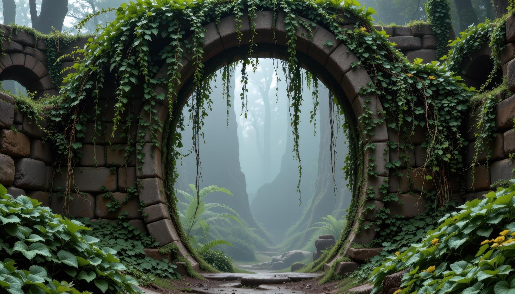 a dense curtain of vines cascading from an ancient stone archway in a foggy forest ruin. photo