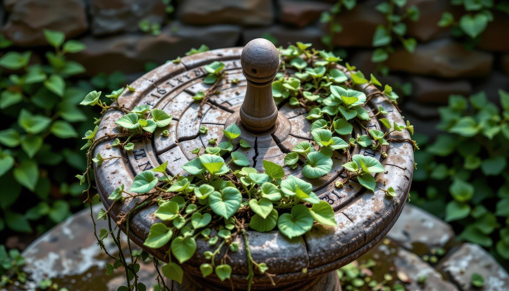 vines growing through cracks in an ancient sundial placed on a stone pedestal. photo
