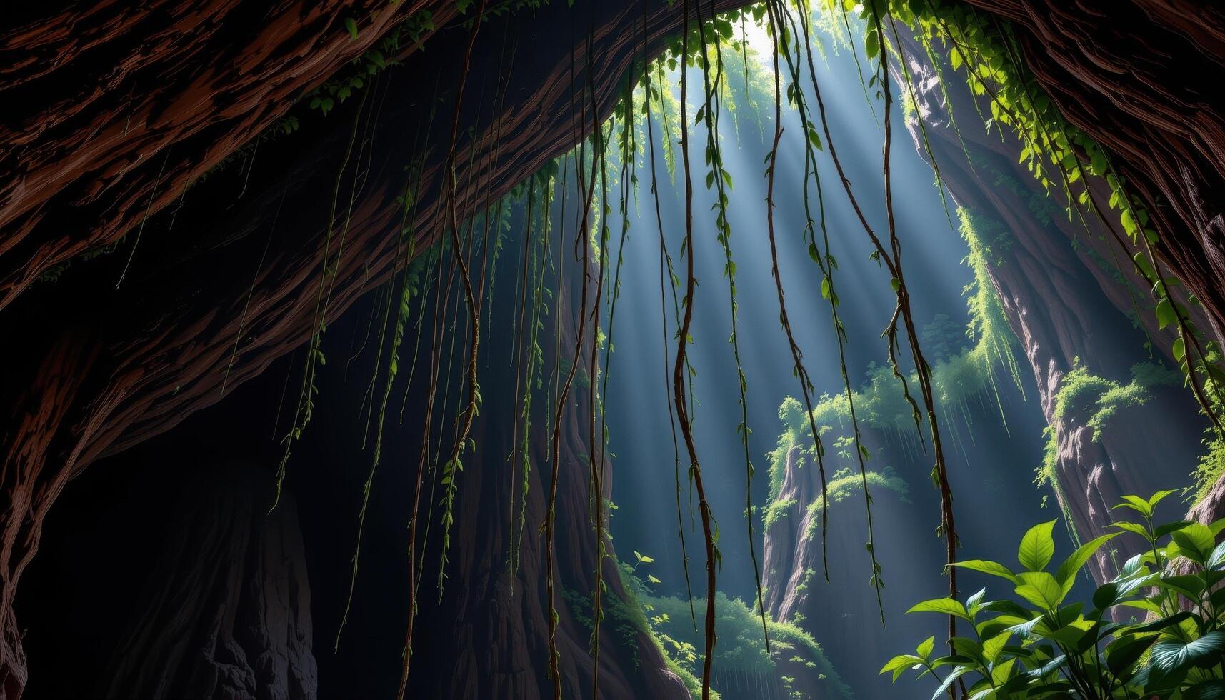 a dense curtain of vines falling from the ceiling of a deep forest cave. photo