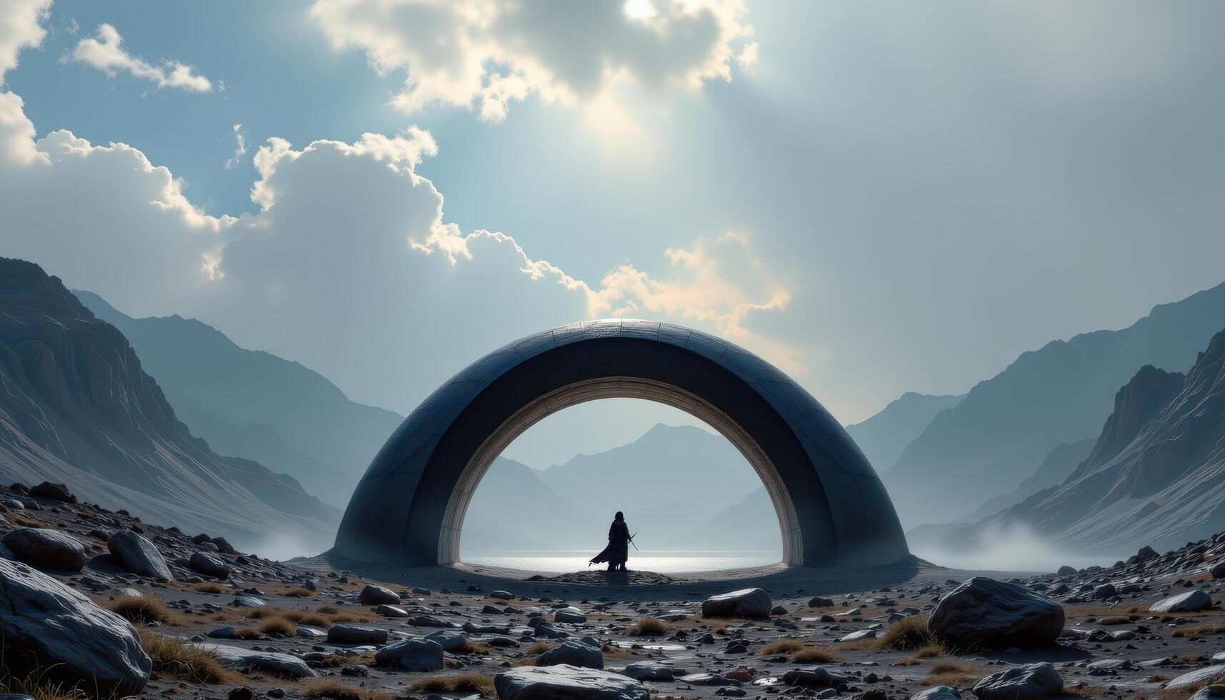 a glowing obsidian arch floating slightly above the ground, casting no shadow. photo