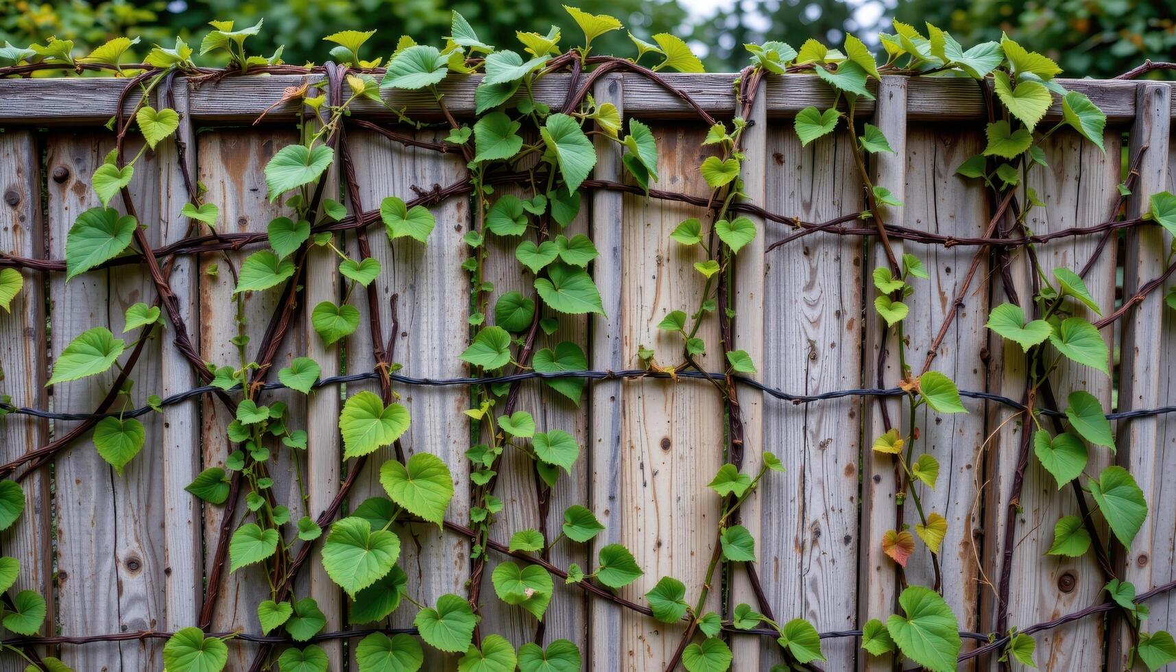 vines weaving through an old trellis fence broken by time and storms. photo