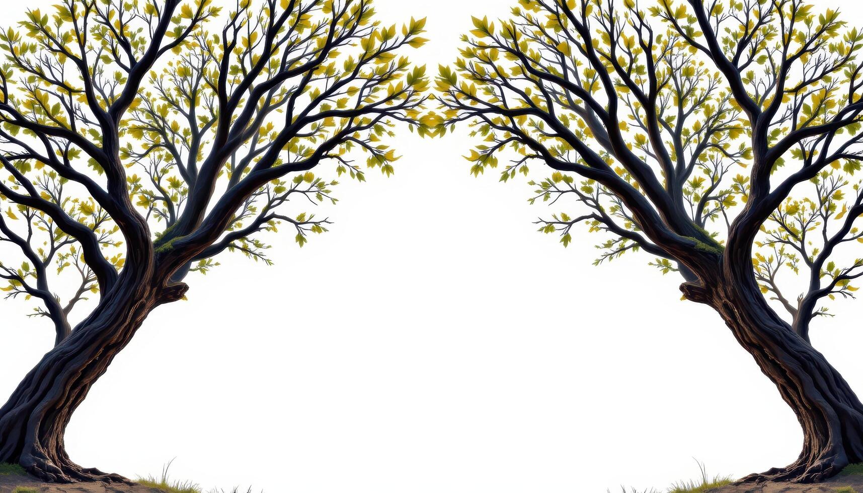 a symmetrical archway formed by two intertwining trees, leaves cascading above in silence. photo