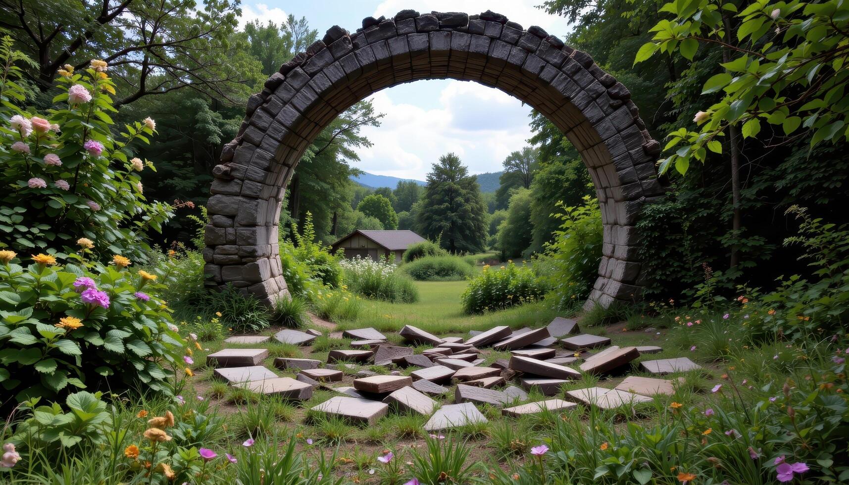 a shattered arch with broken pieces lying in a circle on the overgrown ground. photo