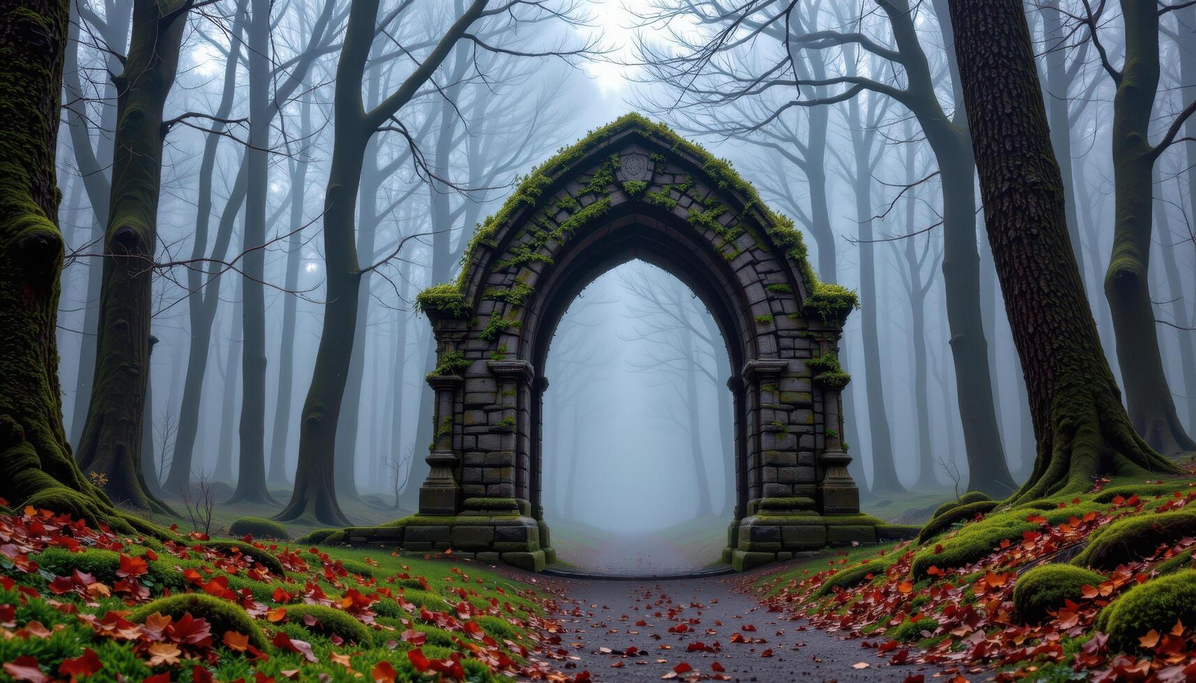 a gothic arch overgrown with moss, standing at the edge of a misty forest path scattered with fallen leaves. photo