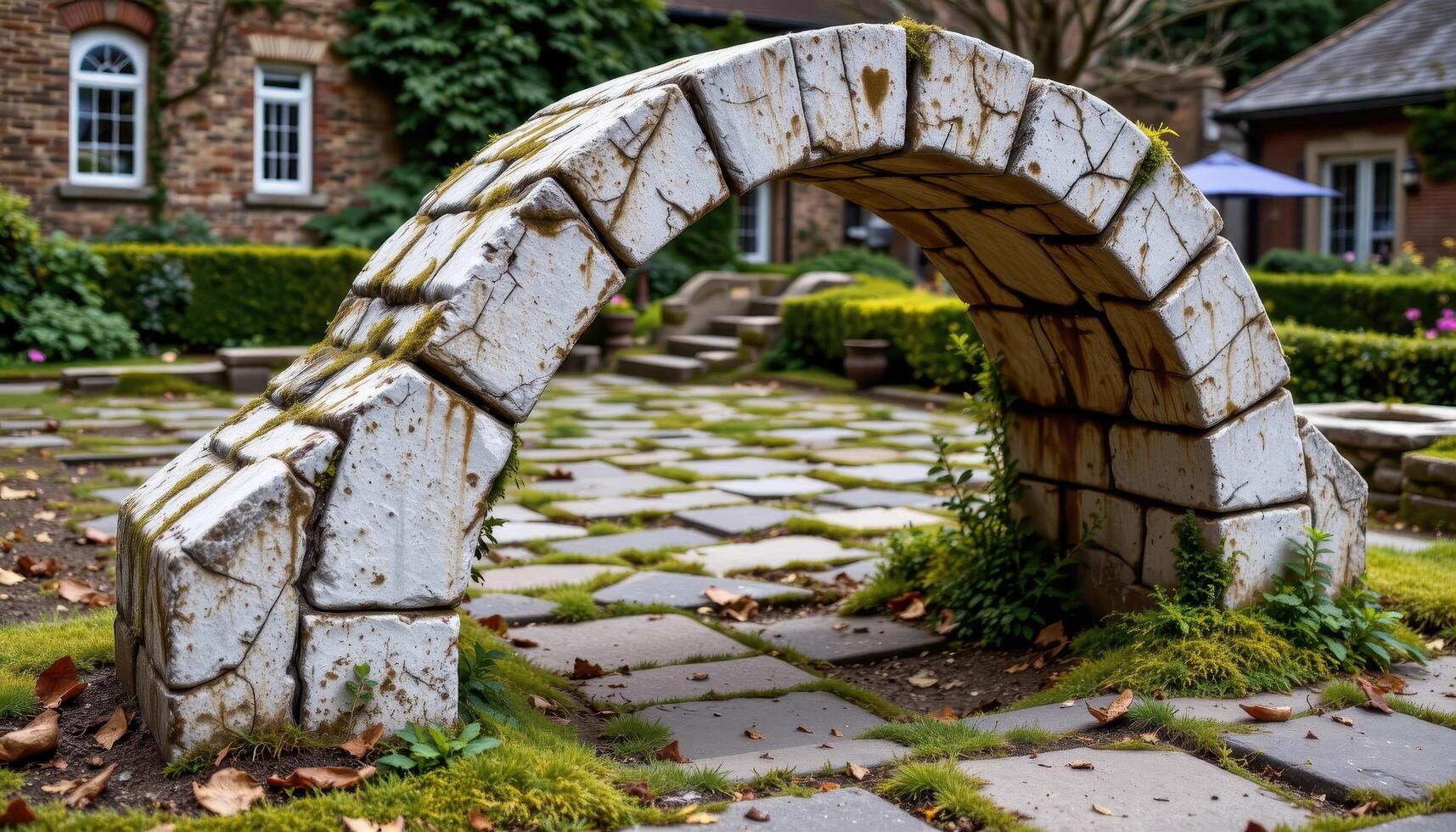 a broken marble arch resting at an angle over mossy flagstones in a garden lost to time. photo