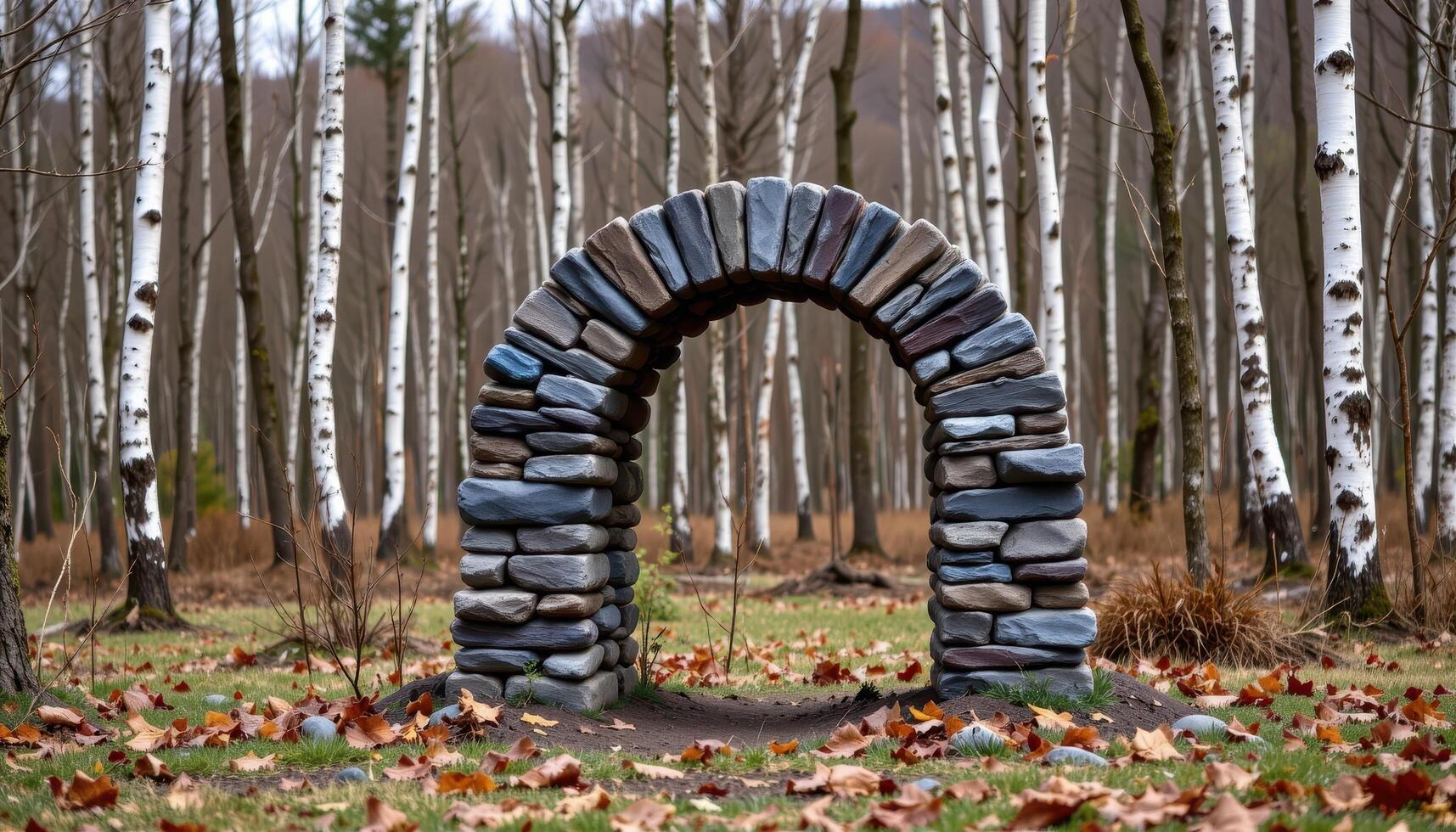 a simple arch made of stacked slate, standing in a quiet clearing surrounded by birch trees. photo