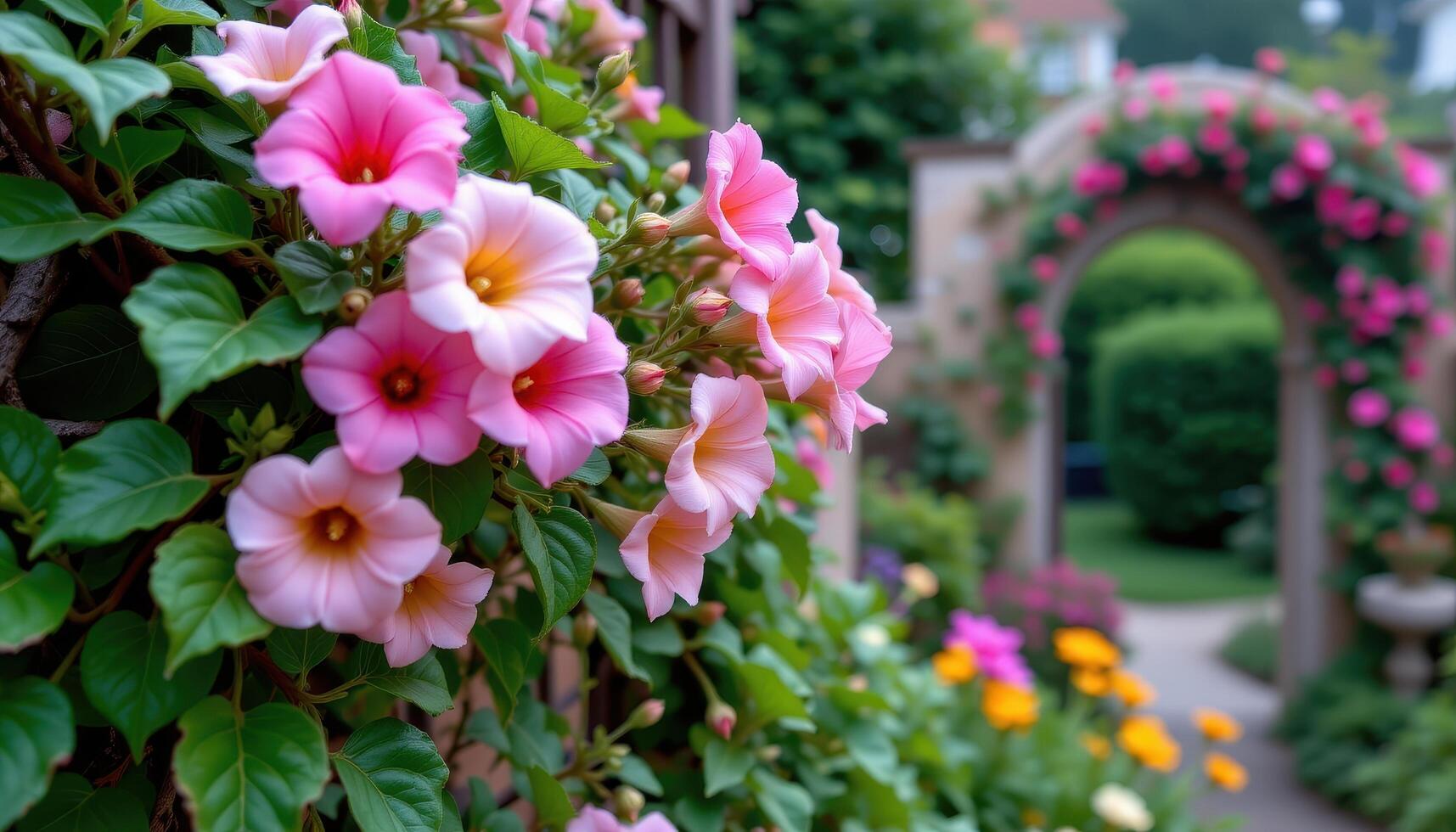 a side trellis gate blooming with trumpet vines and dotted with tiny dew drops. photo