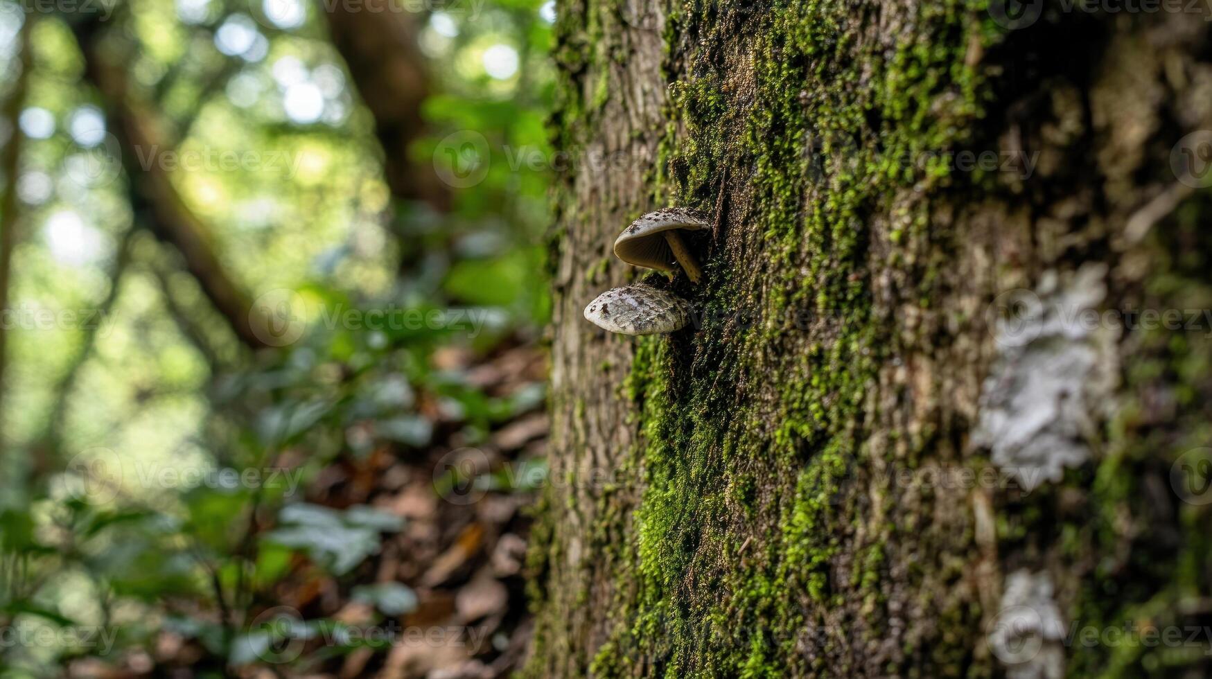 Close-up of a mushroom on a mossy tree trunk in a forest photo