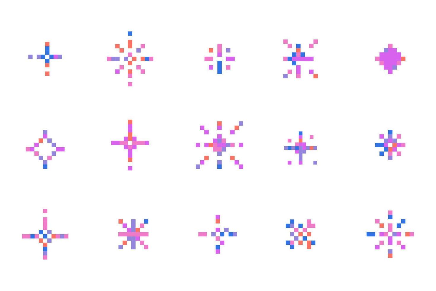 Pixel sparkles stars Retro 8bit icons for games UX design firework effect space decor 90s Y2K pixel art graphics set. Firework burst, space decoration. vector