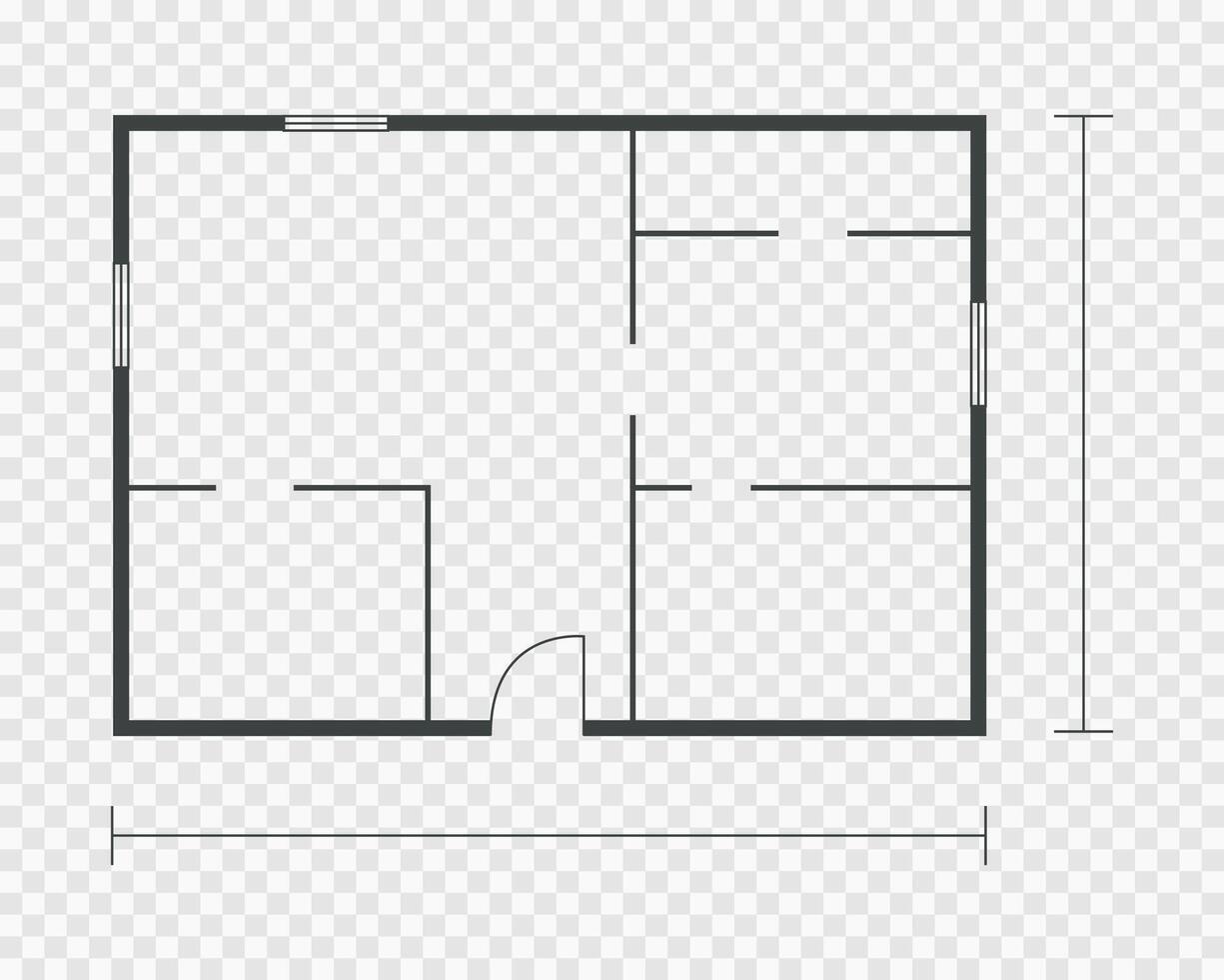 Floorplan simple icon room flat line drawing, floor plan project, symbol. Technical architecture draw. Structure shape, build layout with doors and windows. vector
