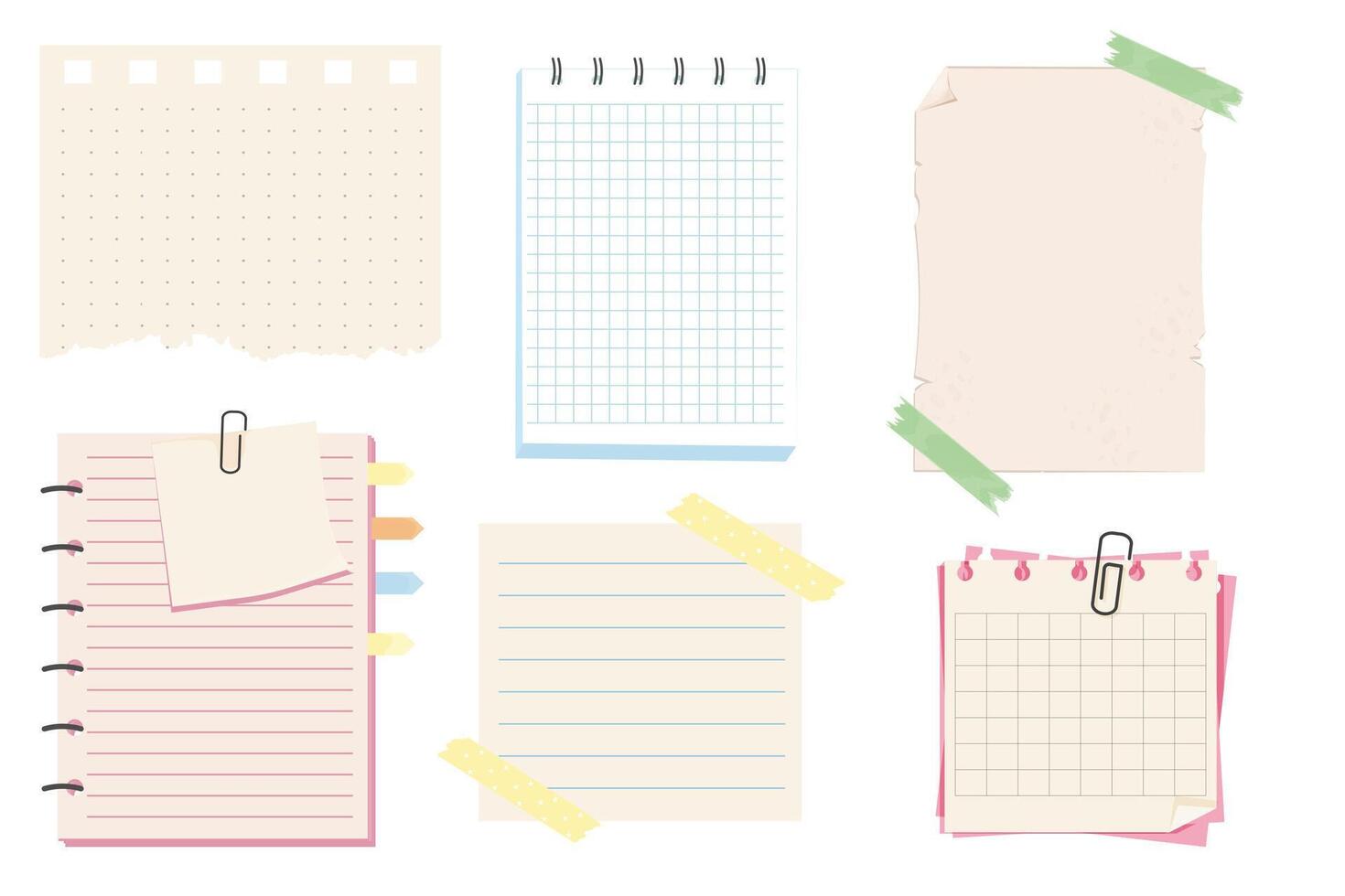 Different note papers, memo pages with paper clip and adhesive tape. Set sticky remind blanks, sheets, stickers. Checklist ripped torn edge paper. vector