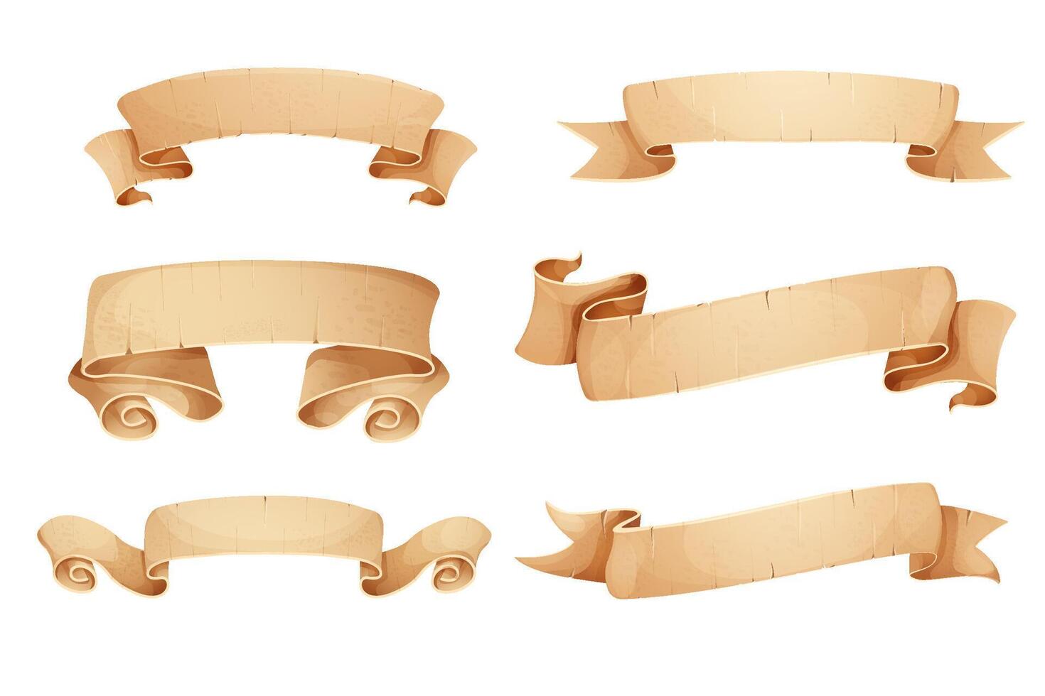 Set Parchment paper scroll ribbon, old vintage banner game ui element in cartoon style isolated on white background. vector