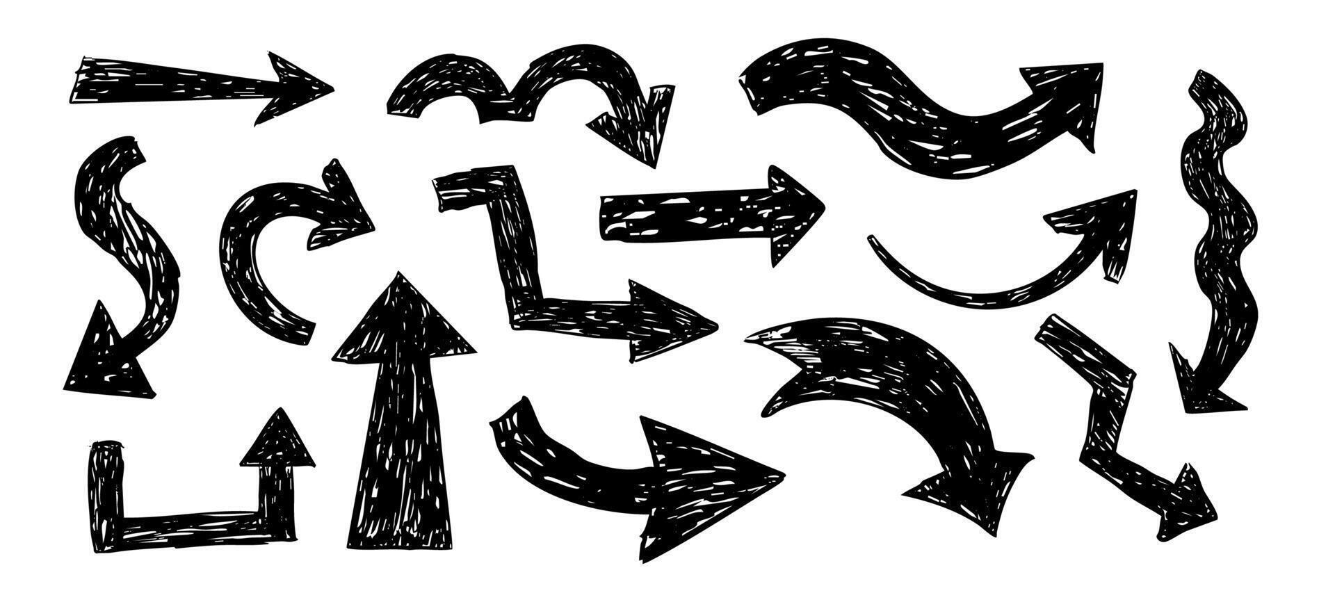 Thick arrow or chalk drawing sketch grunge textured set. Different directions simple curve shape. Pencil, marker, pastel scribble vector