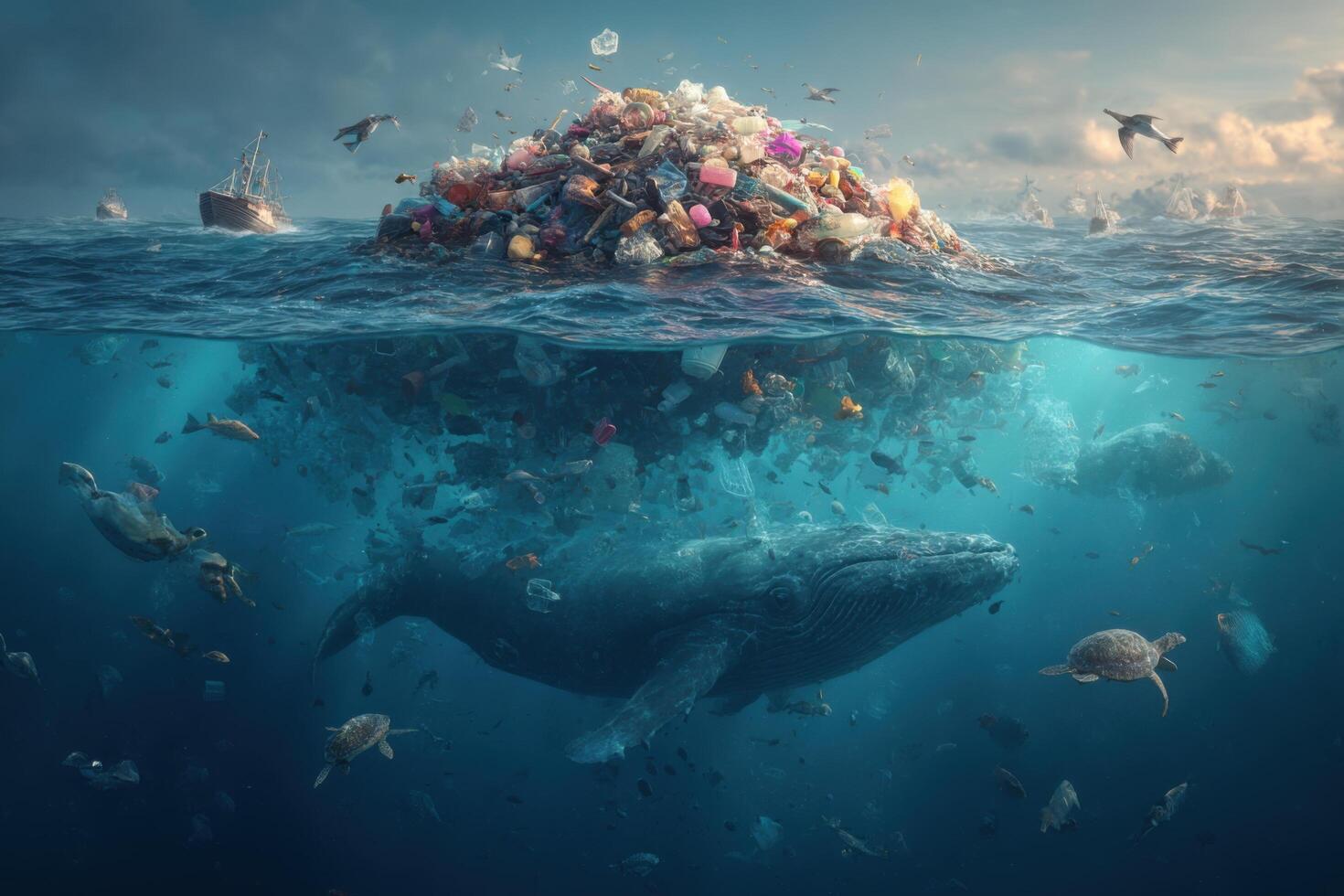 A whale is floating in the ocean with trash photo