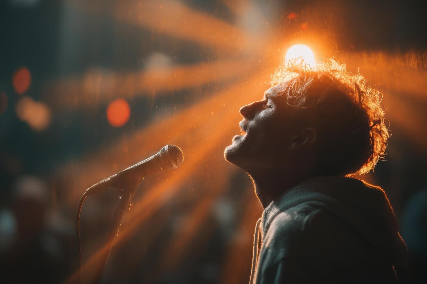 A man singing into a microphone in front of a crowd photo