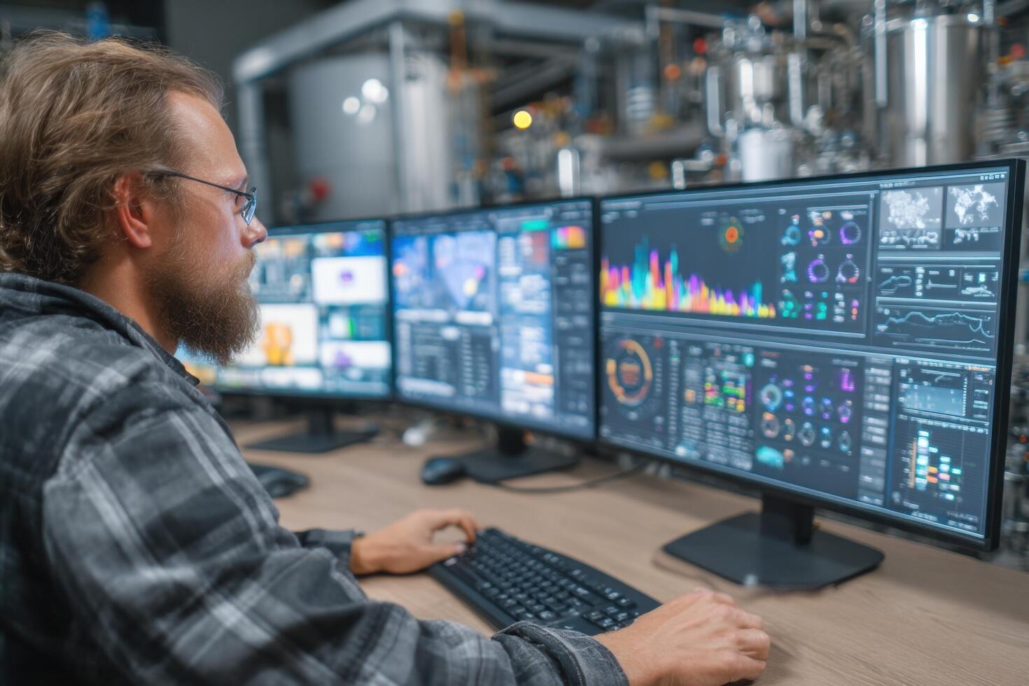 A man in a lab coat is working on multiple computer screens photo