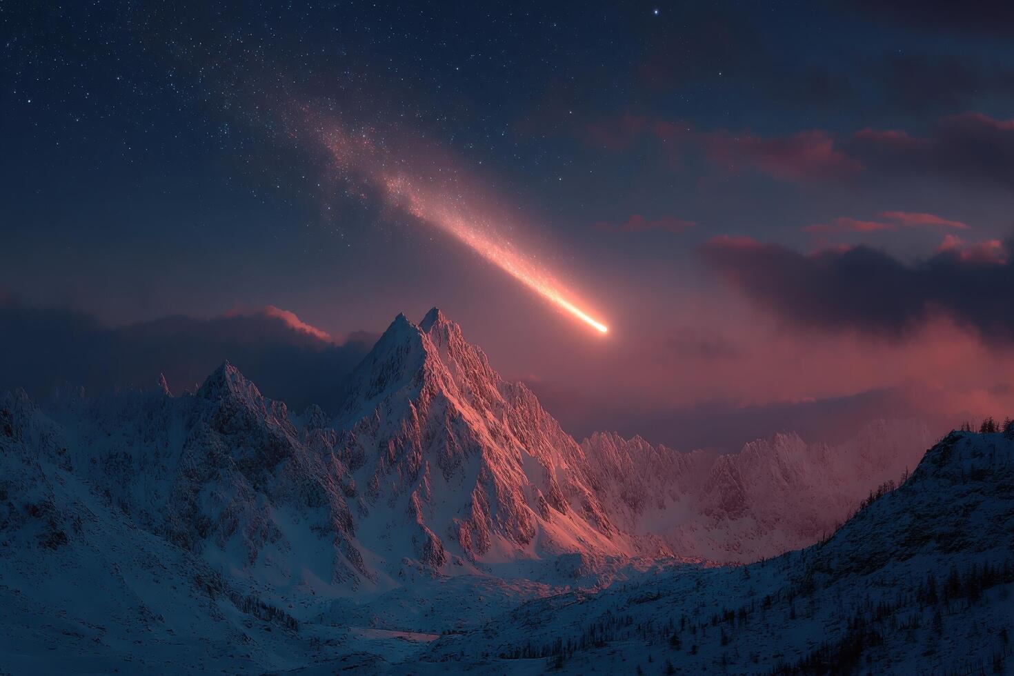 A comet is shooting through the sky over a mountain range photo