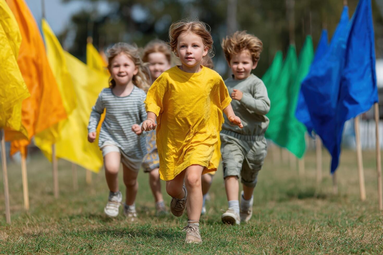 Children running in a field with colorful flags photo