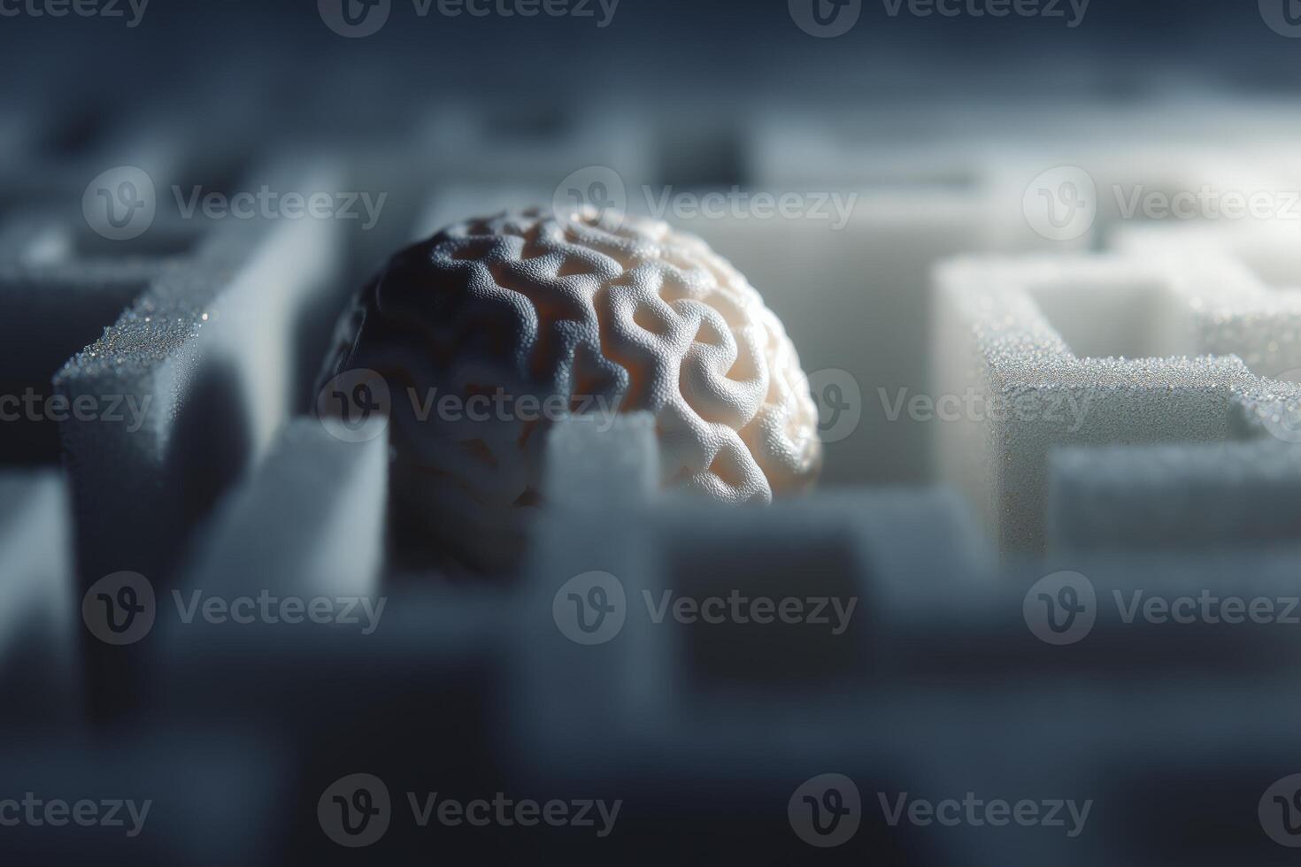 Brain navigating through a complex maze representing thought processes and challenges in a creative setting photo