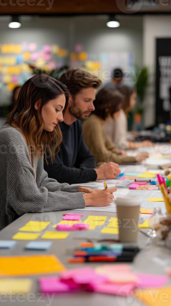 Group brainstorming session with sticky notes and creative ideas at a collaborative workspace photo