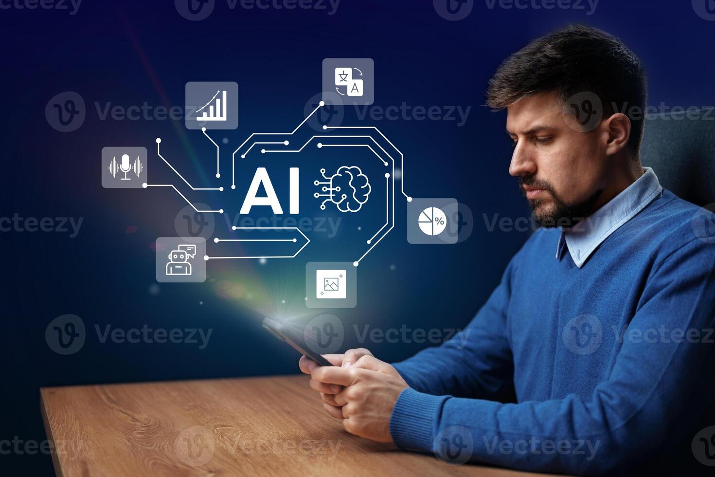 Man using tablet to explore artificial intelligence concepts in a modern workspace photo