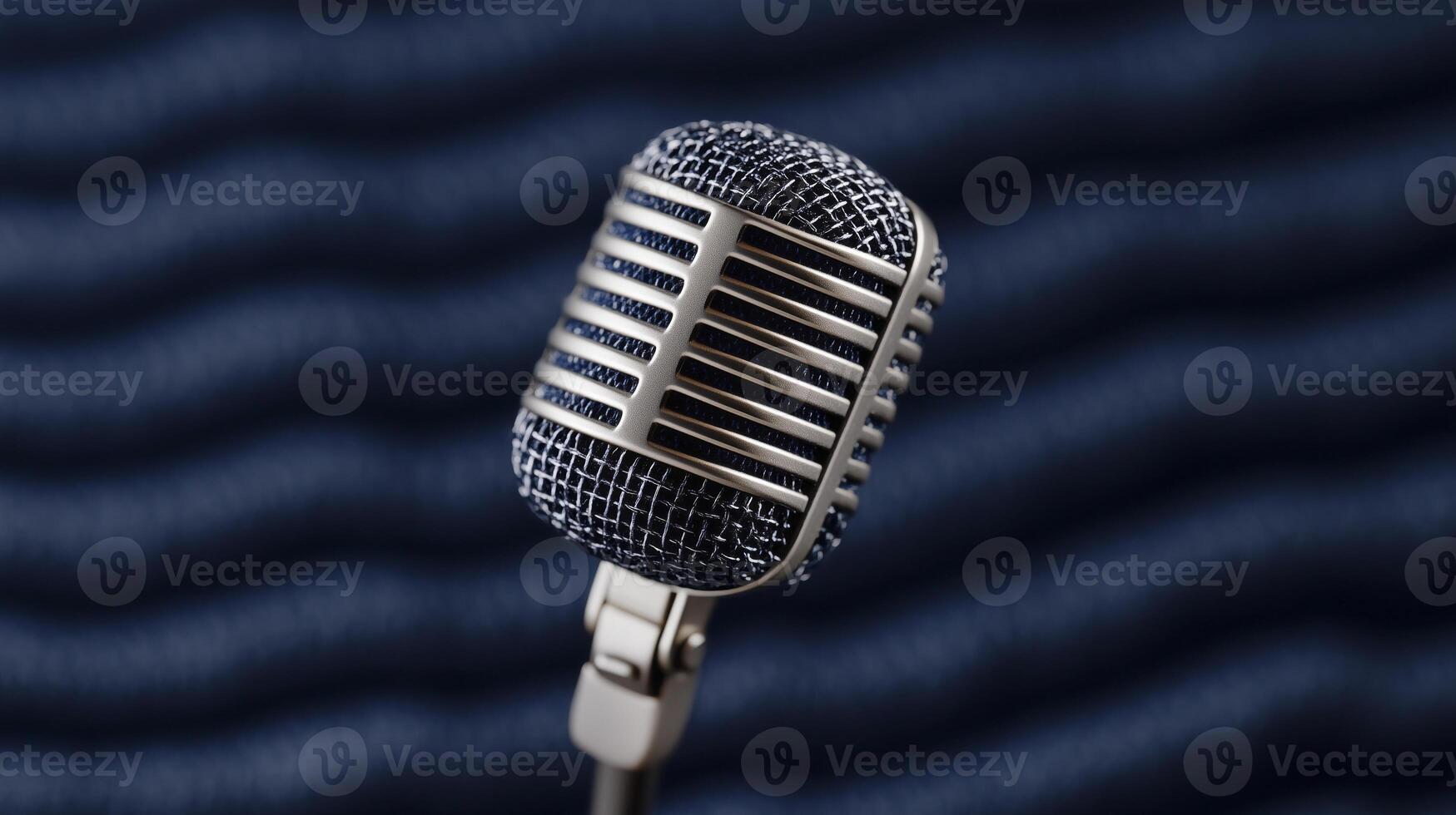 microphone with retro analogue sound waves overlayed on a textured denim photo