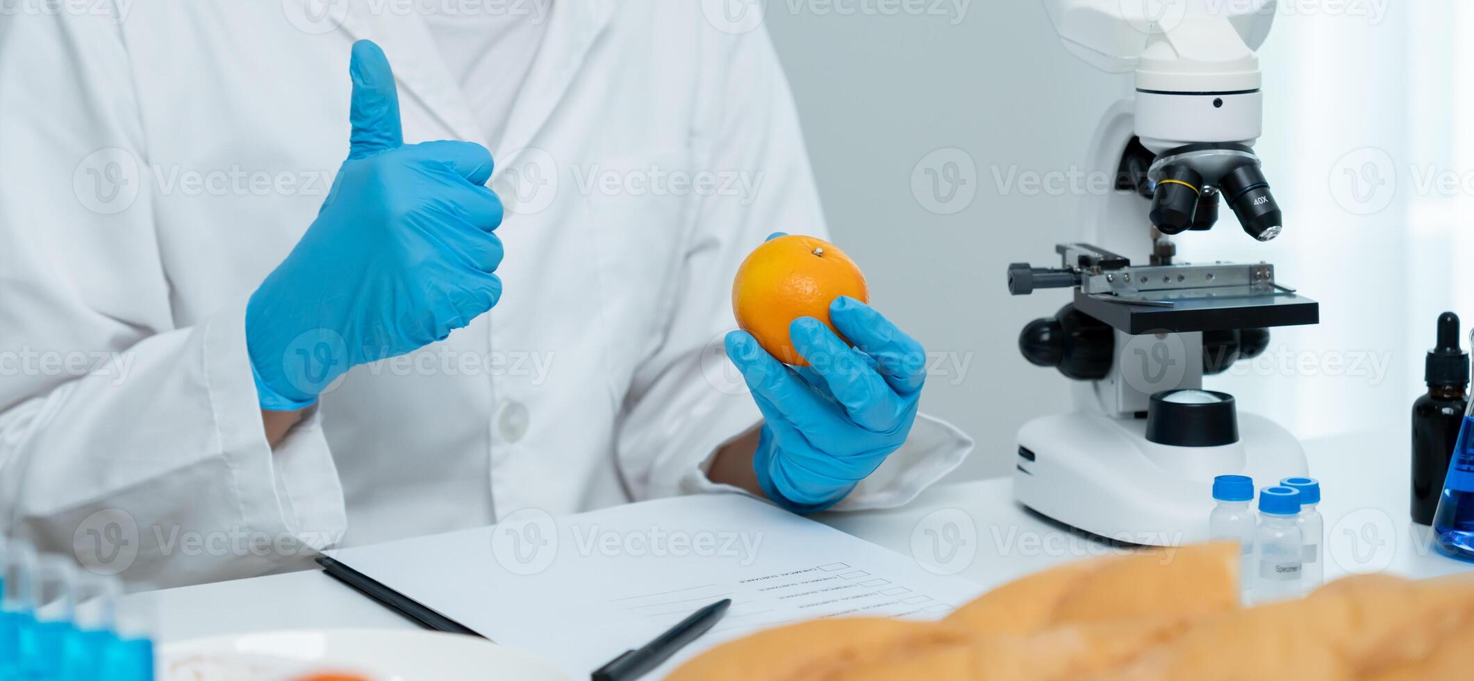 Scientist guaranteer no chemical on fruit residues in laboratory. Control experts inspect the concentration of chemical residues, standard, find prohibited substances, contaminate,. photo