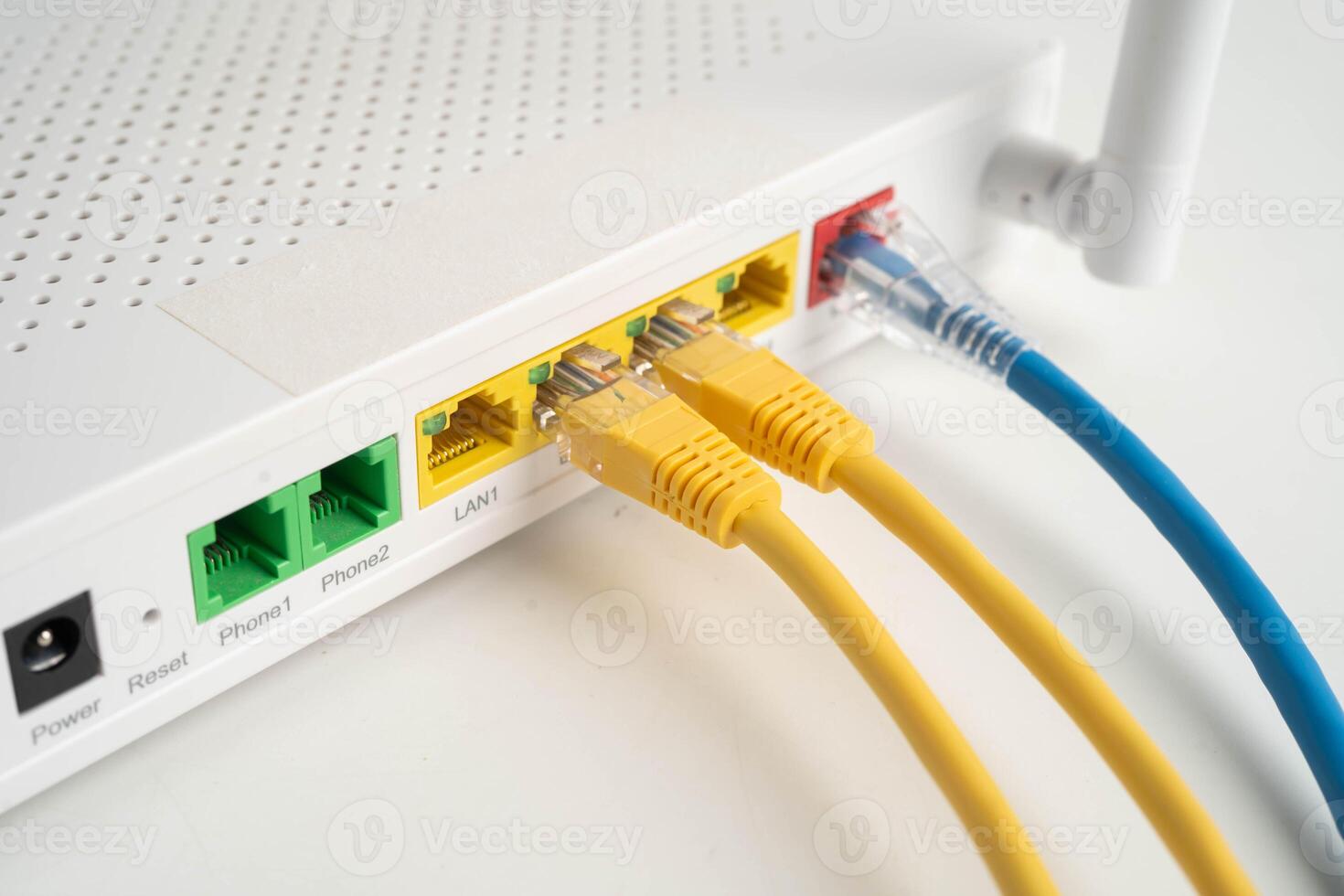 Ethernet cable with wireless router connect to internet service network. photo