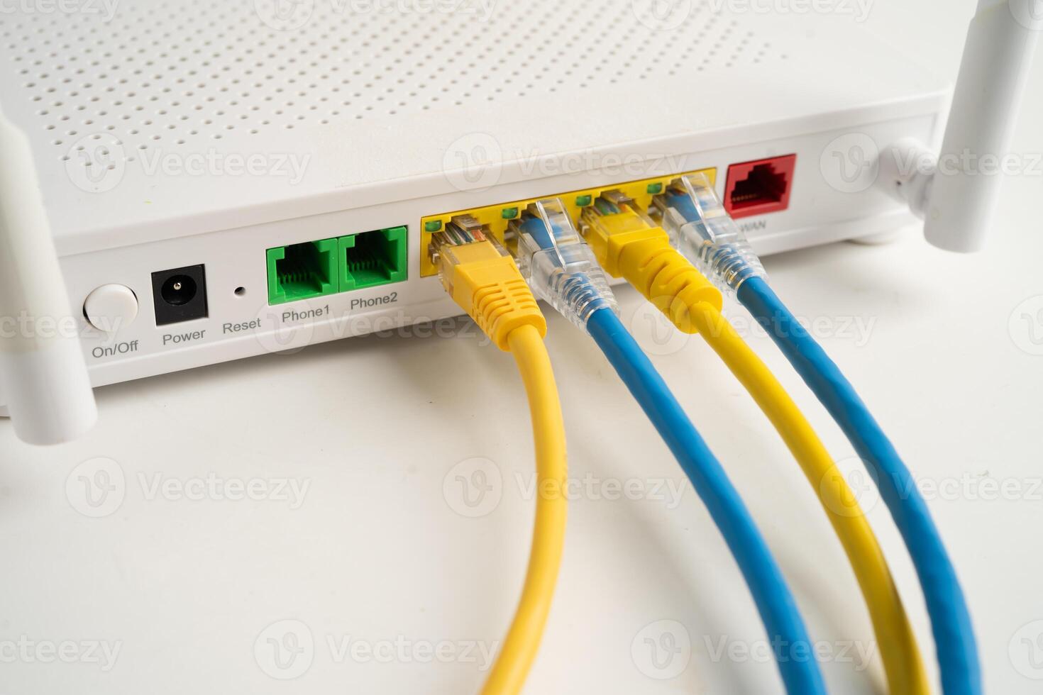 Ethernet cable with wireless router connect to internet service network. photo