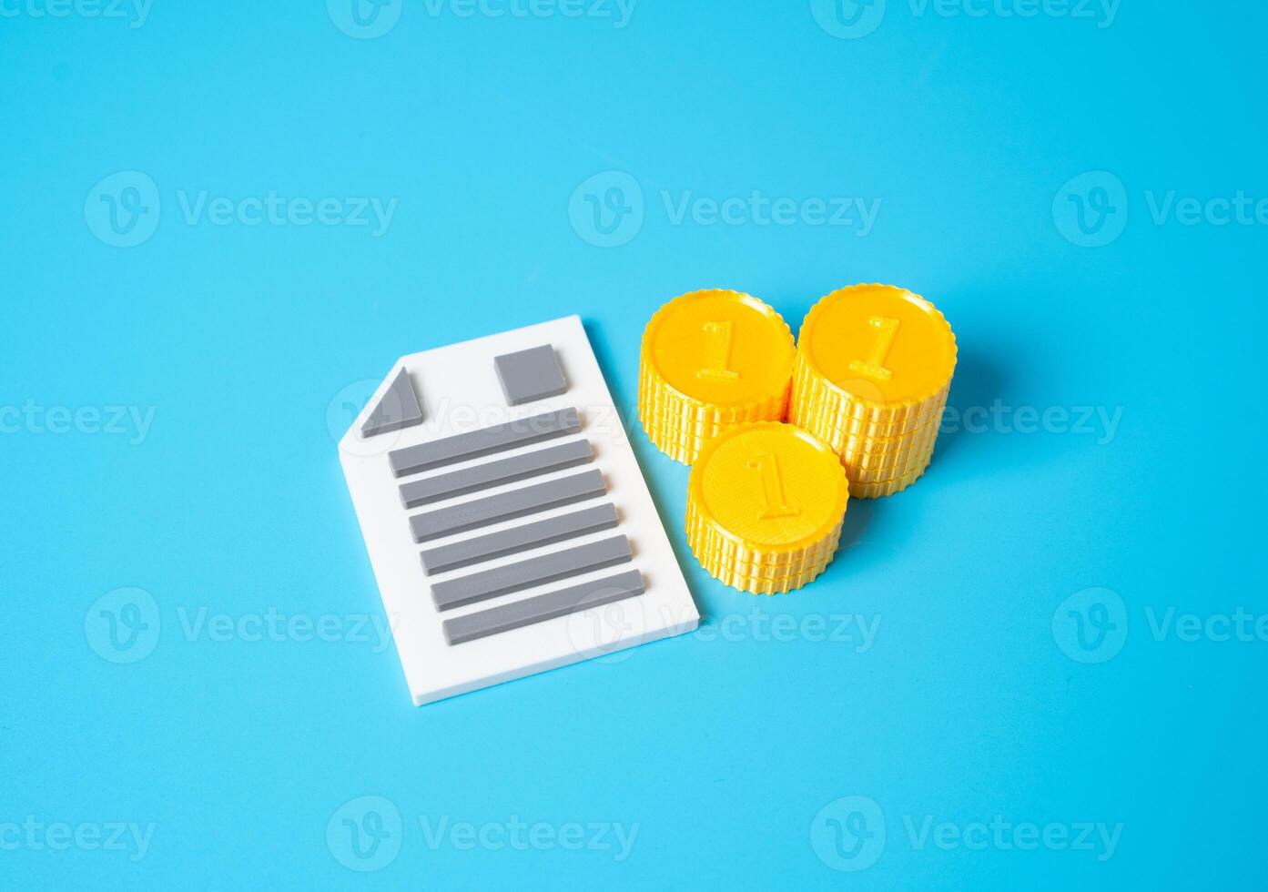 Document and money coins. Estimate for work. Contract with payment. official pricing. Service contracts, invoice formation. Legal paperwork with financial implications, and transaction transparency. photo