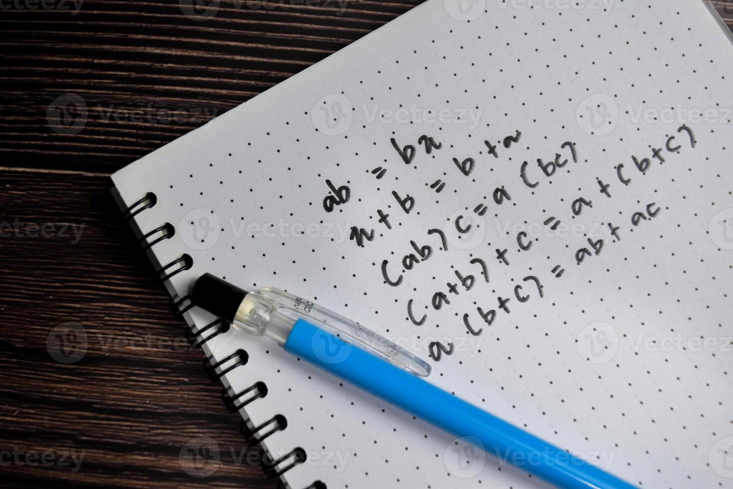 basic math operation write on book isolated on Wooden Table. photo