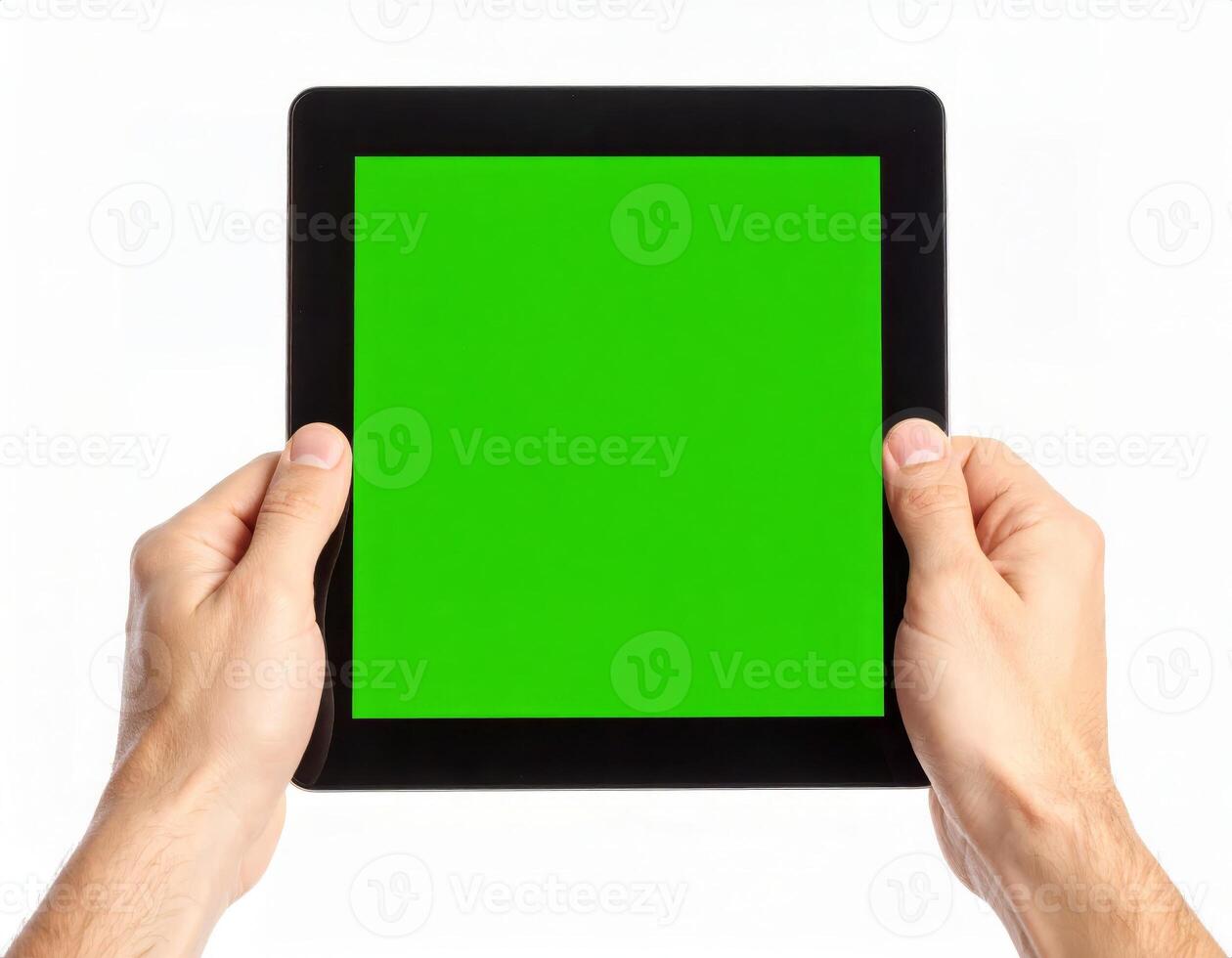 Person holding a tablet featuring a green chroma key screen on a white backdrop, electronic device mock-up photo