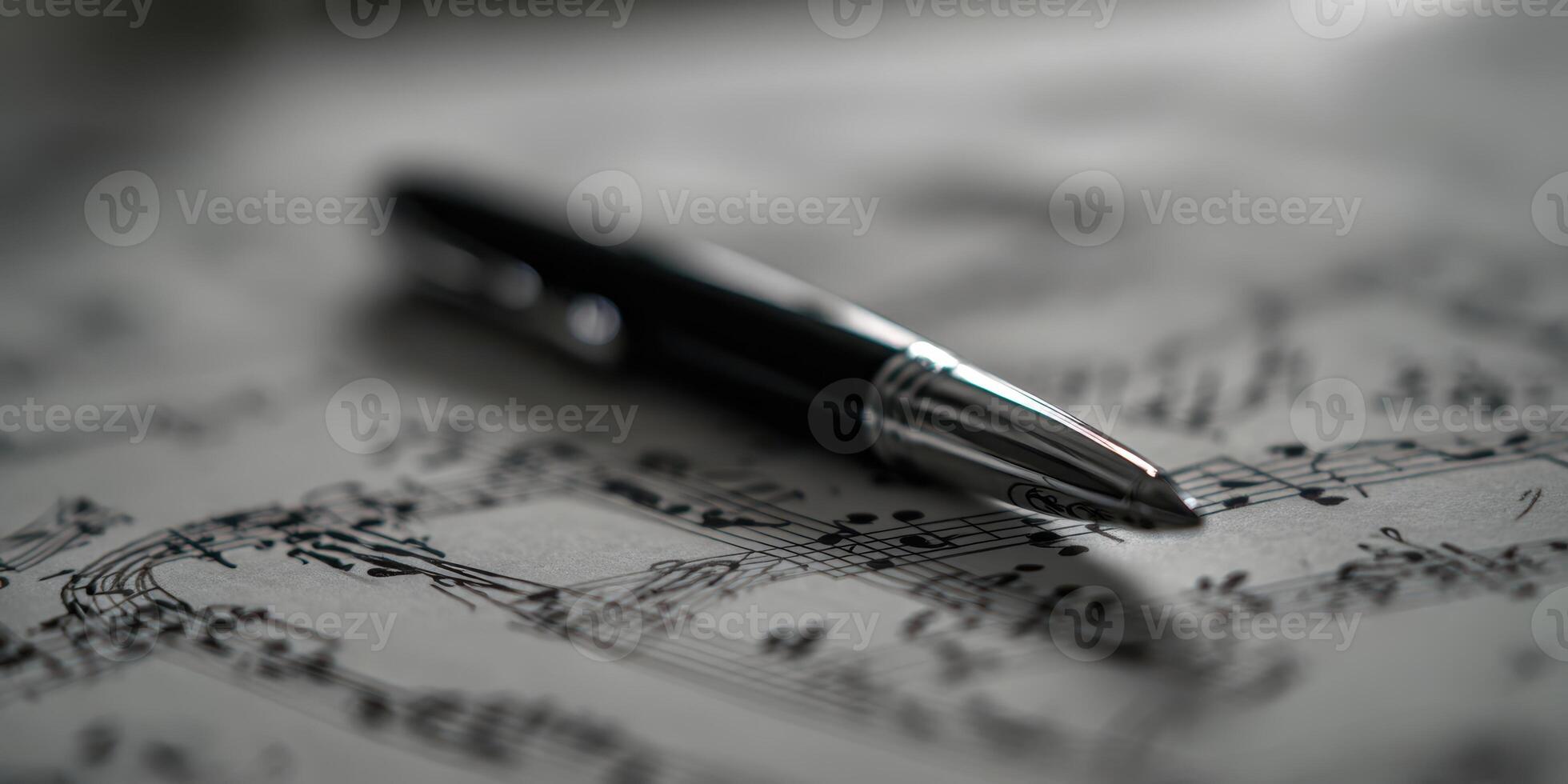 The elegant pen resting on a sheet of music notes and compositions. photo