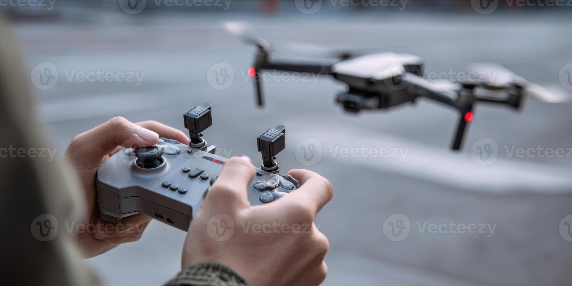 The drone in flight with remote controller held by a person. photo