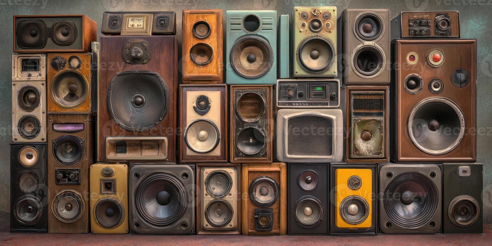 The vintage collection of speakers showcasing an array of unique audio equipment. photo