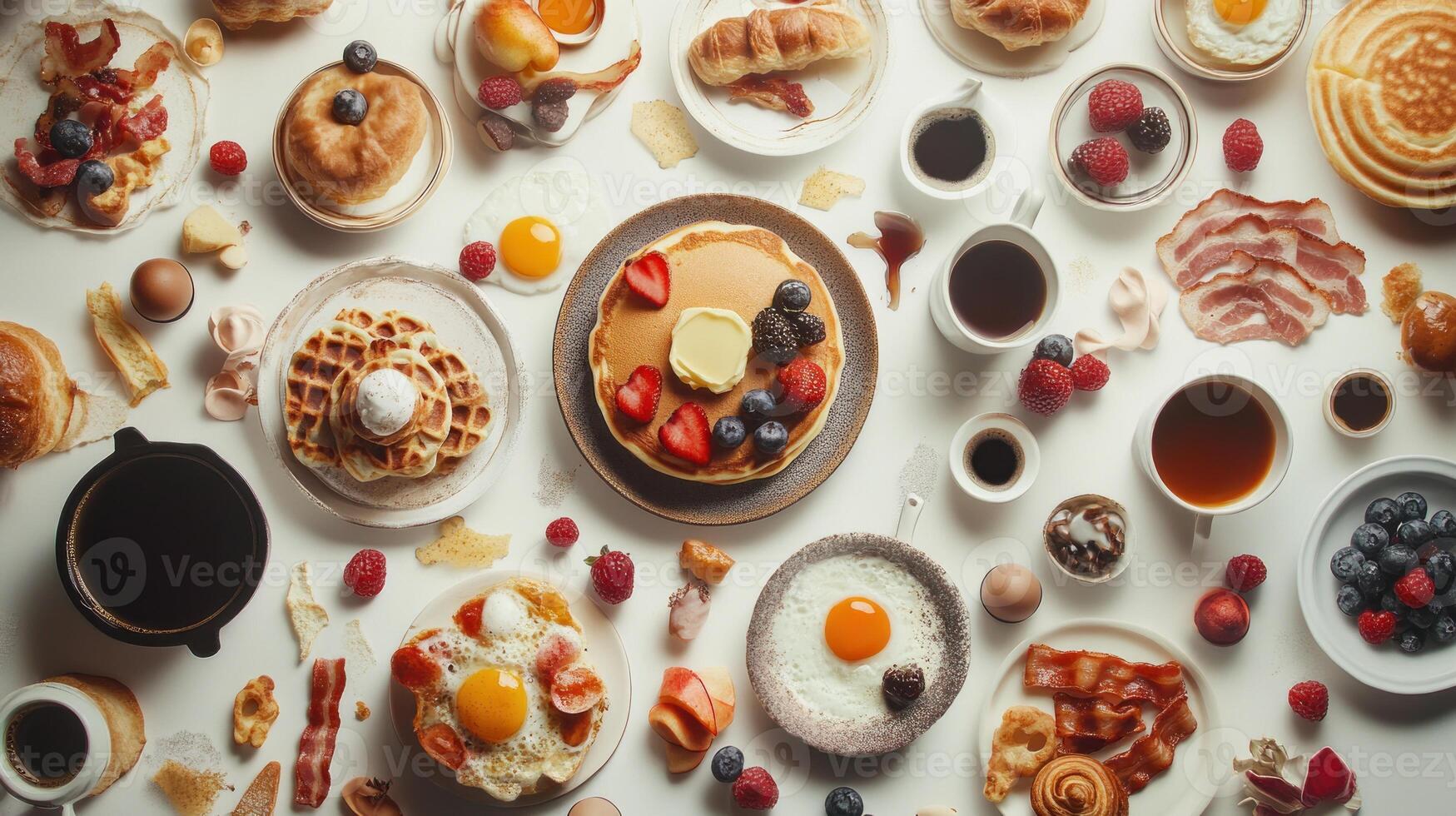 A colorful array of breakfast food items laid out on a white surface photo